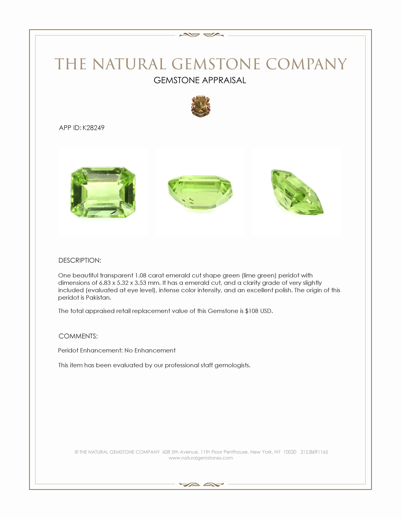 1.08 Ct. Green (Lime Green) Peridot from Pakistan