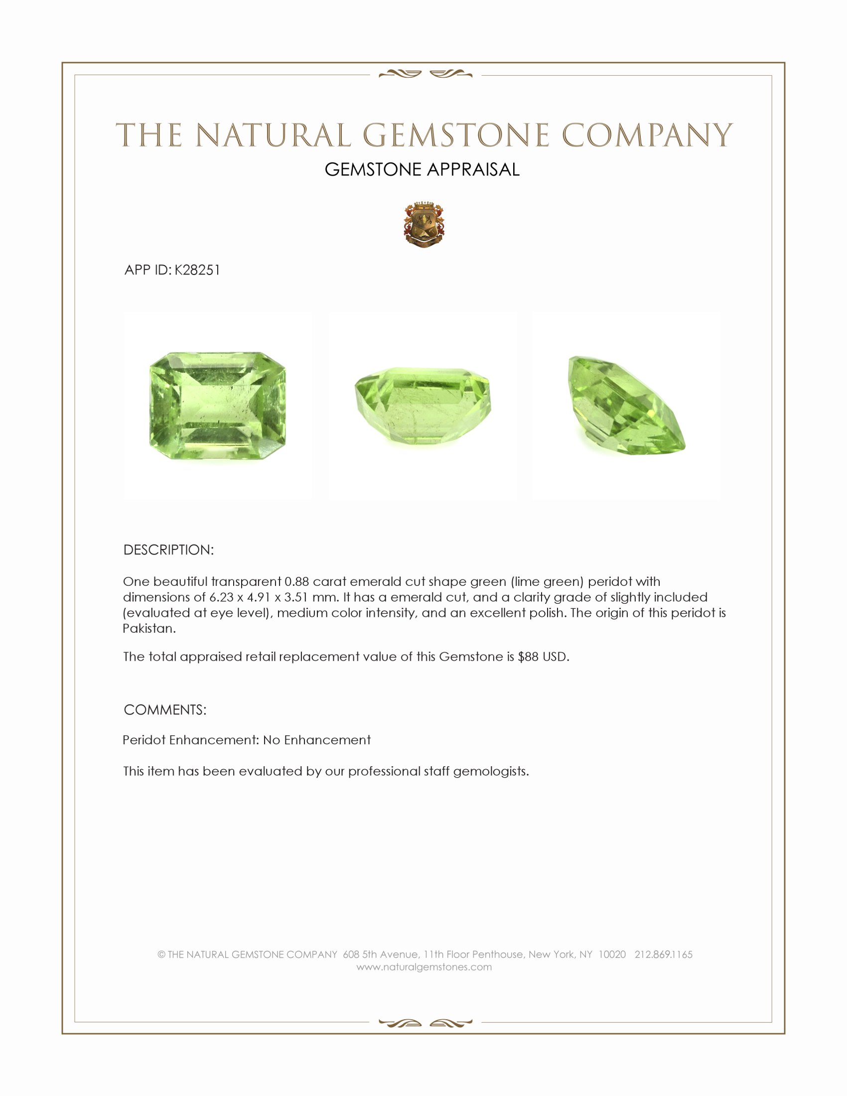 0.88 Ct. Green (Lime Green) Peridot from Pakistan