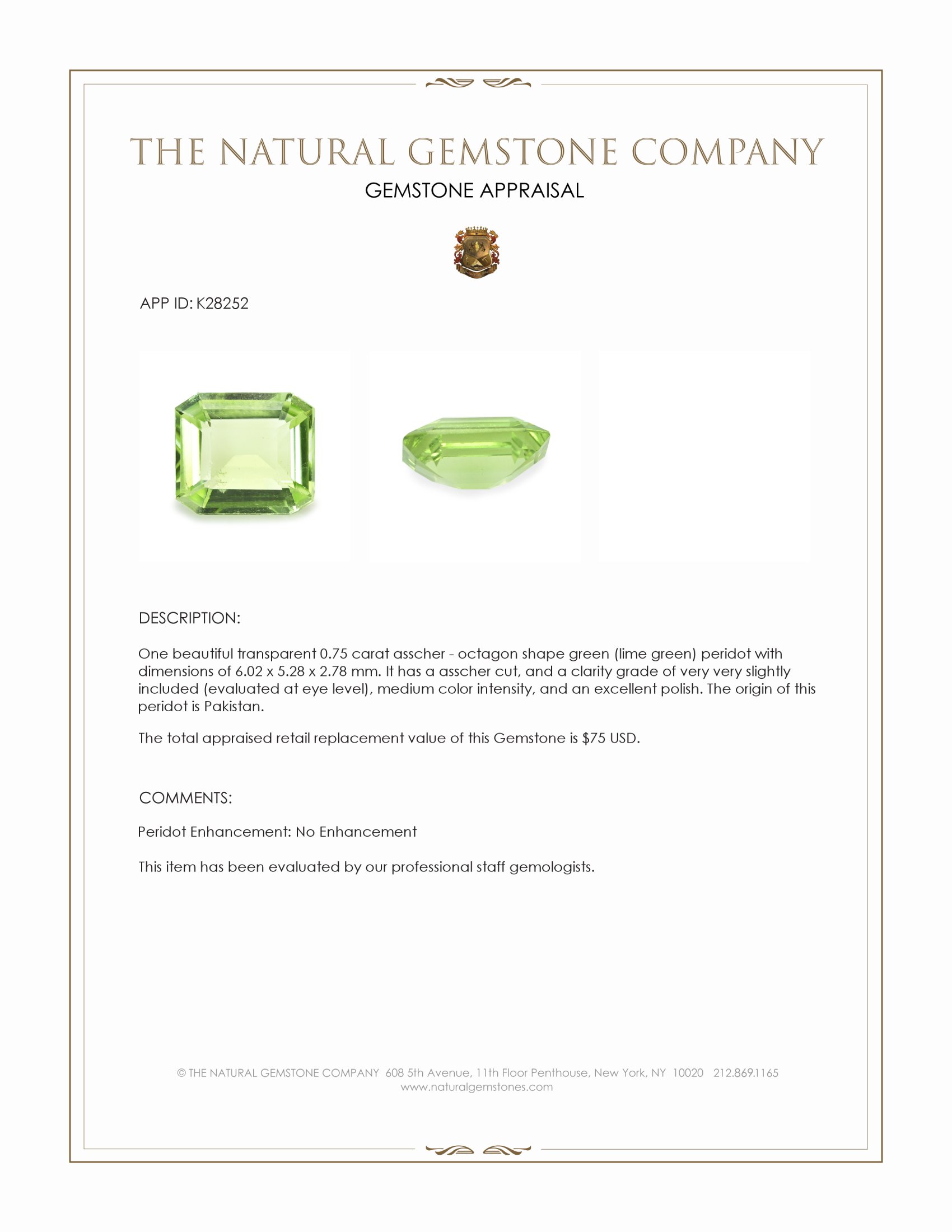 0.75 Ct. Green (Lime Green) Peridot from Pakistan