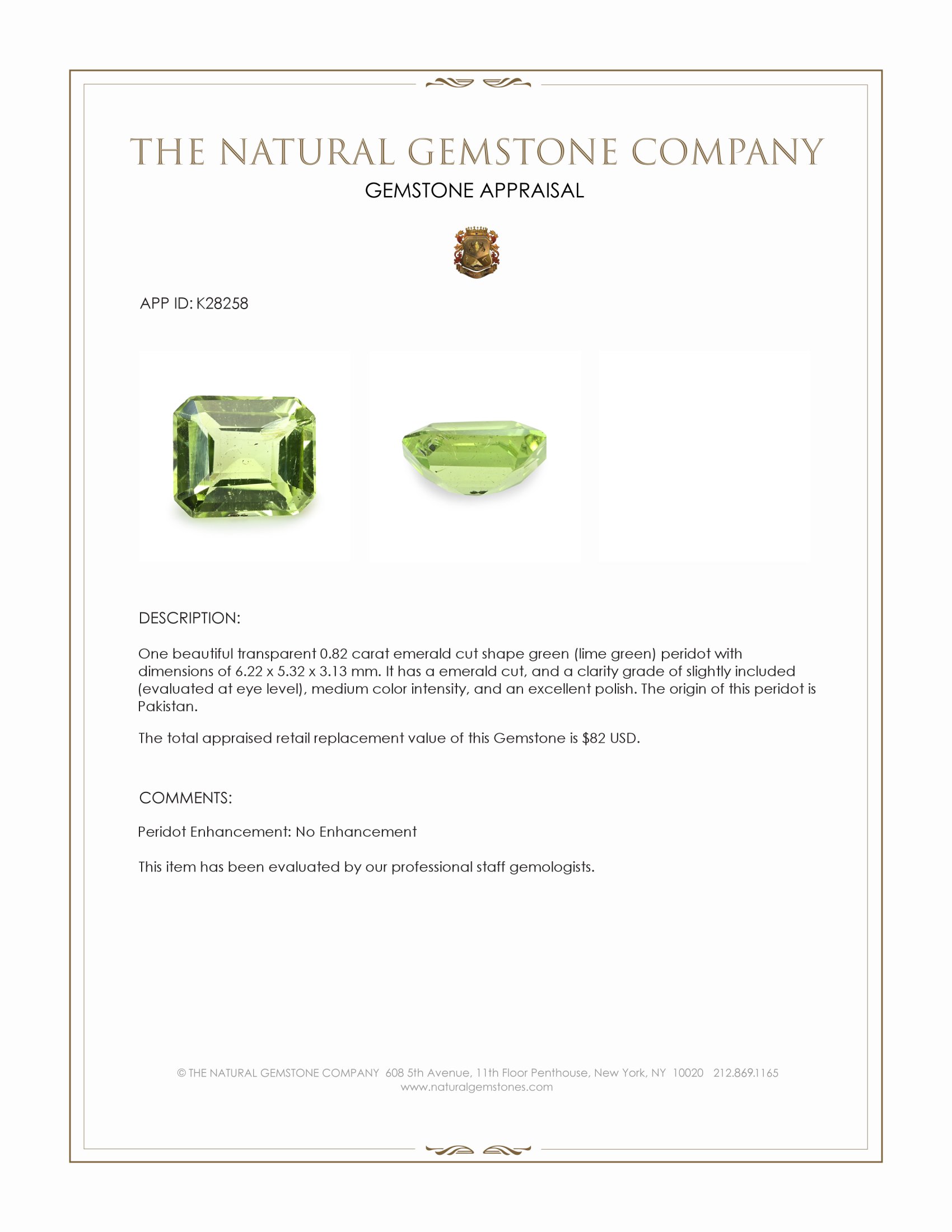 0.82 Ct. Green (Lime Green) Peridot from Pakistan