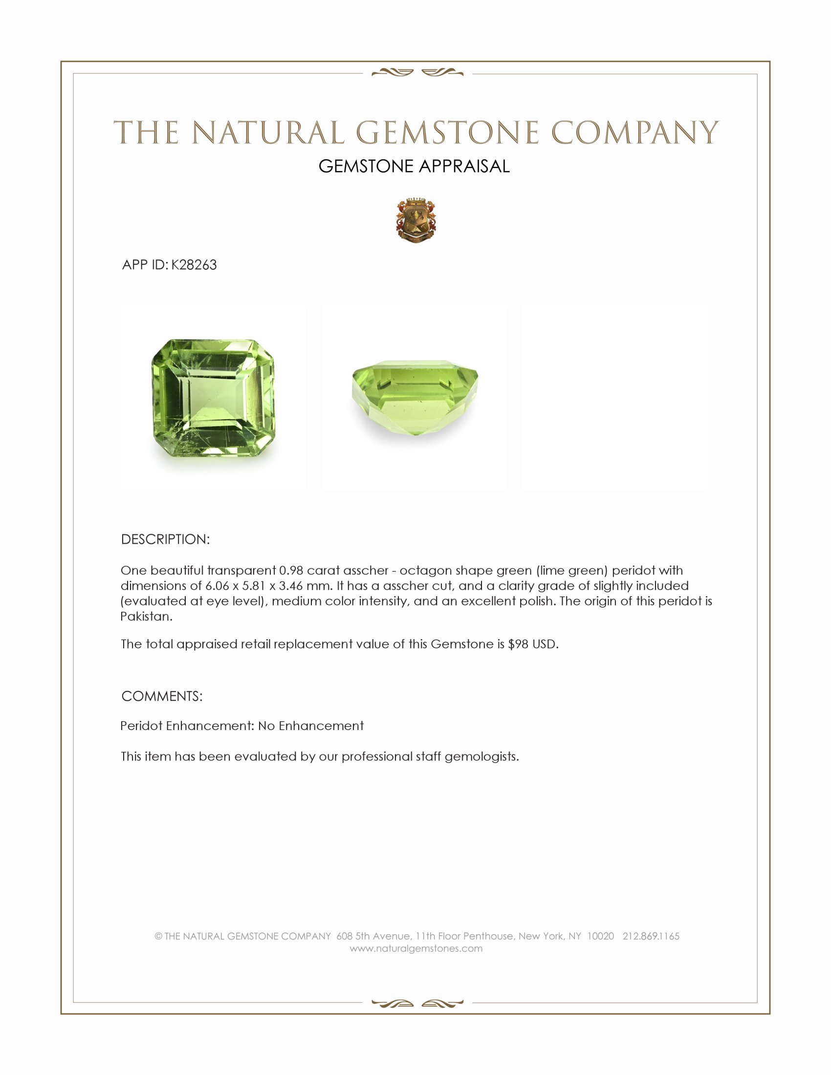 0.98 Ct. Green (Lime Green) Peridot from Pakistan