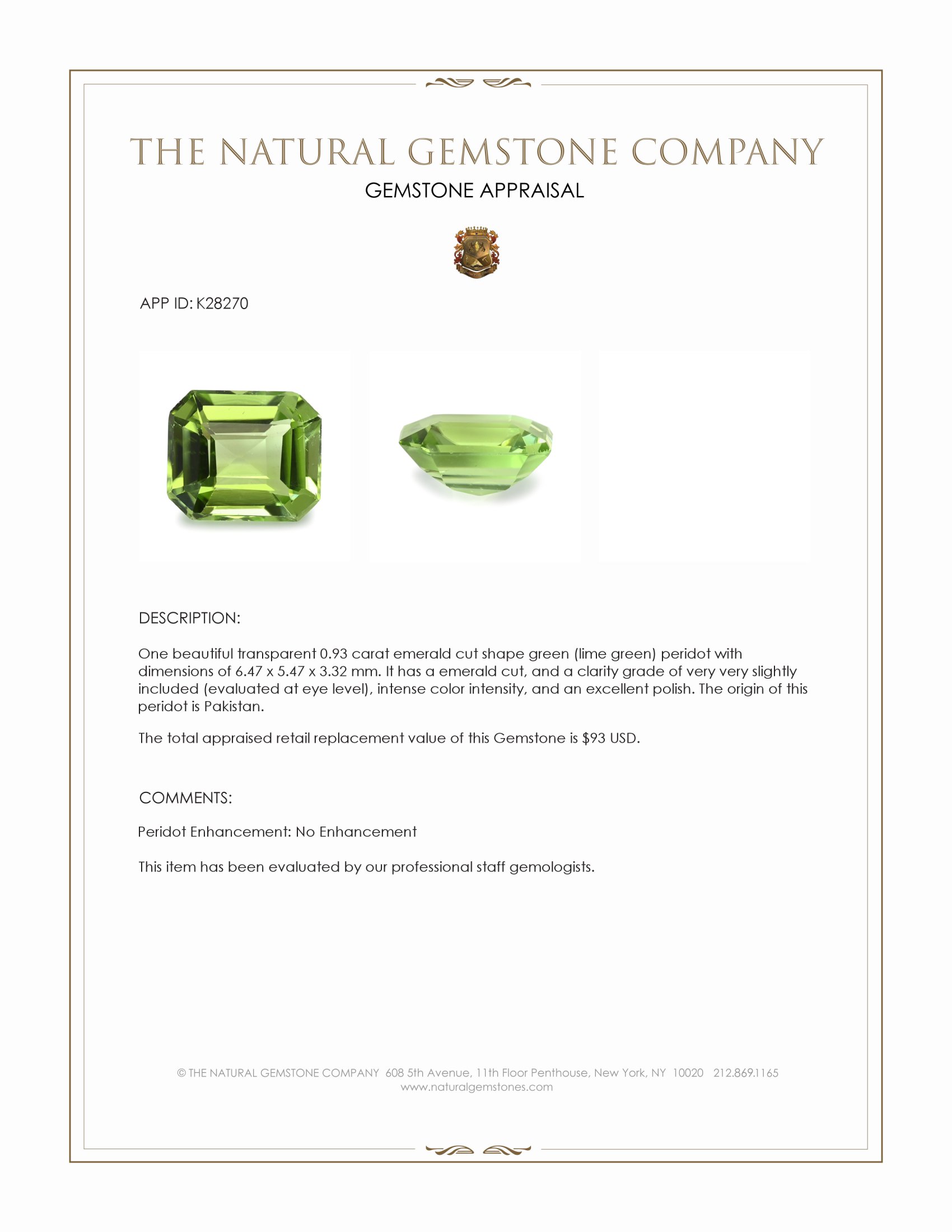 0.93 Ct. Green (Lime Green) Peridot from Pakistan