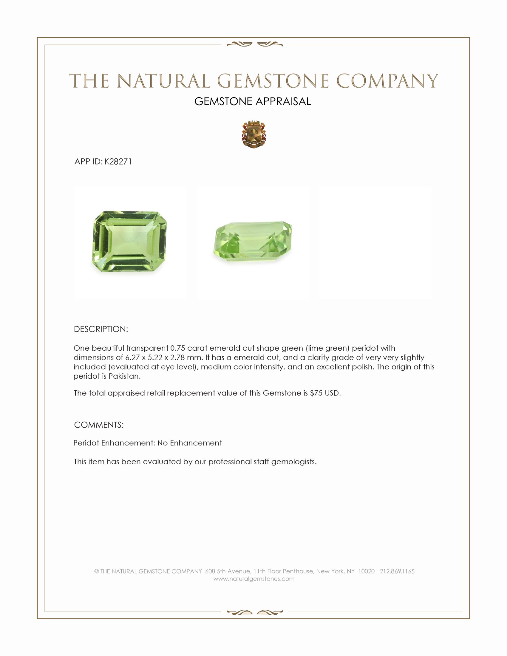 0.75 Ct. Green (Lime Green) Peridot from Pakistan