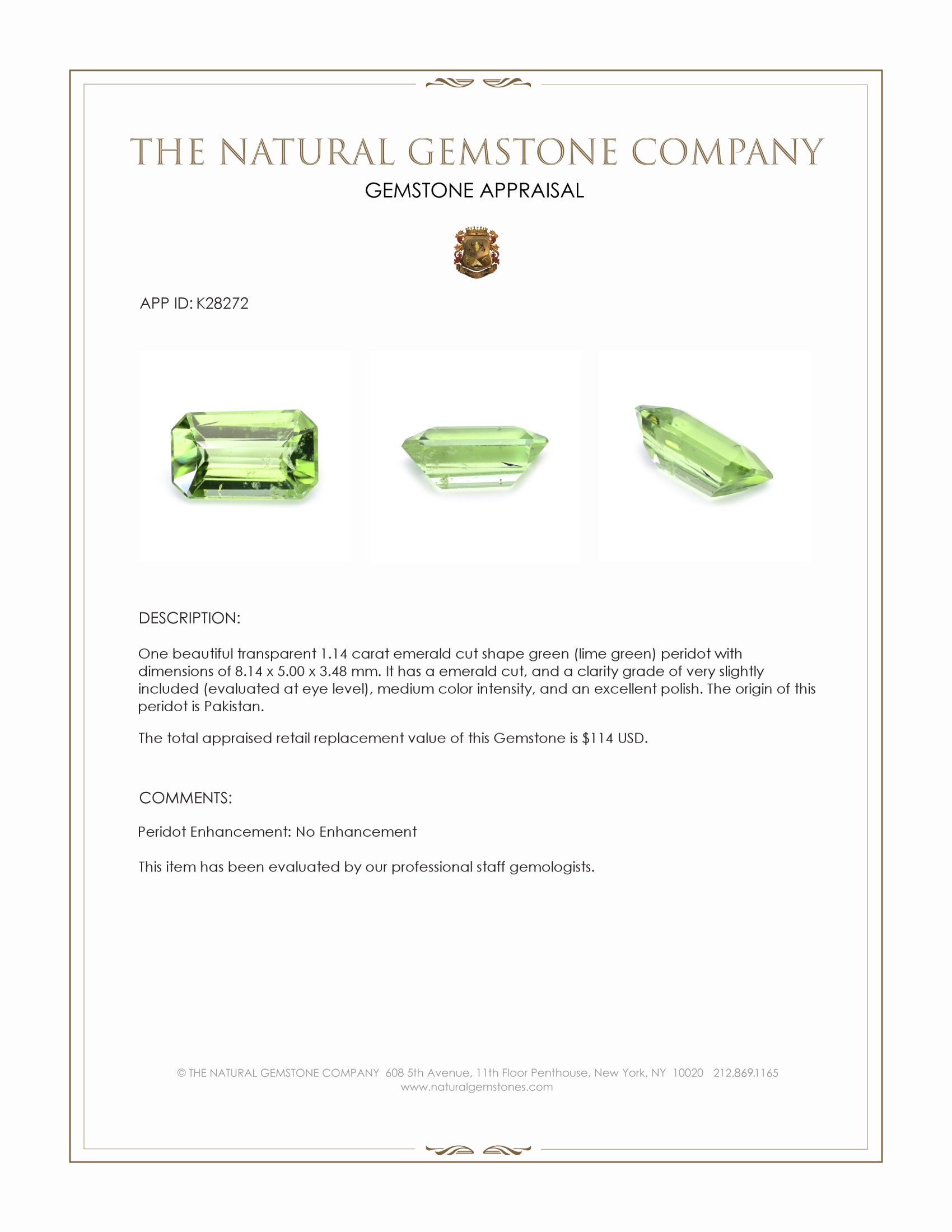 1.14 Ct. Green (Lime Green) Peridot from Pakistan