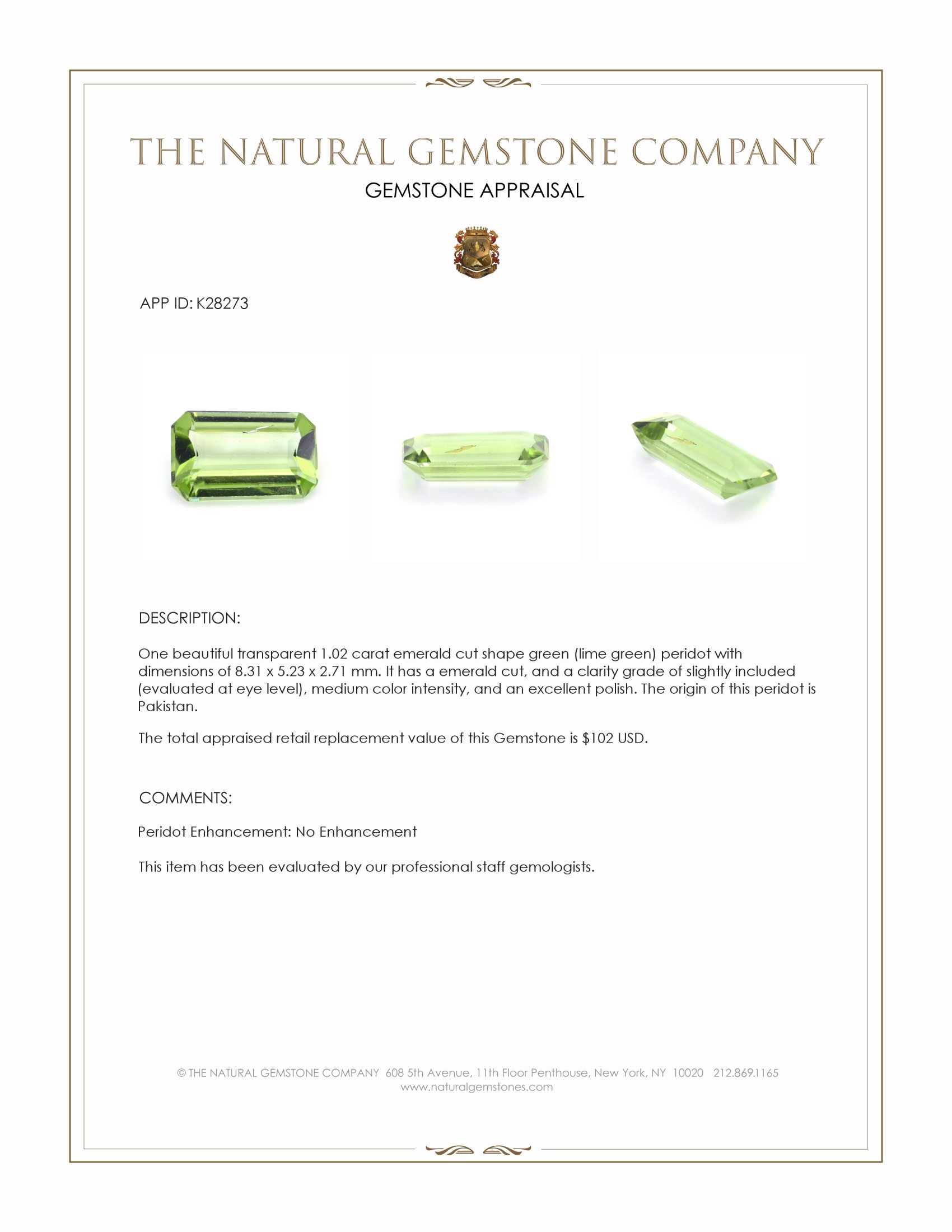 1.02 Ct. Green (Lime Green) Peridot from Pakistan