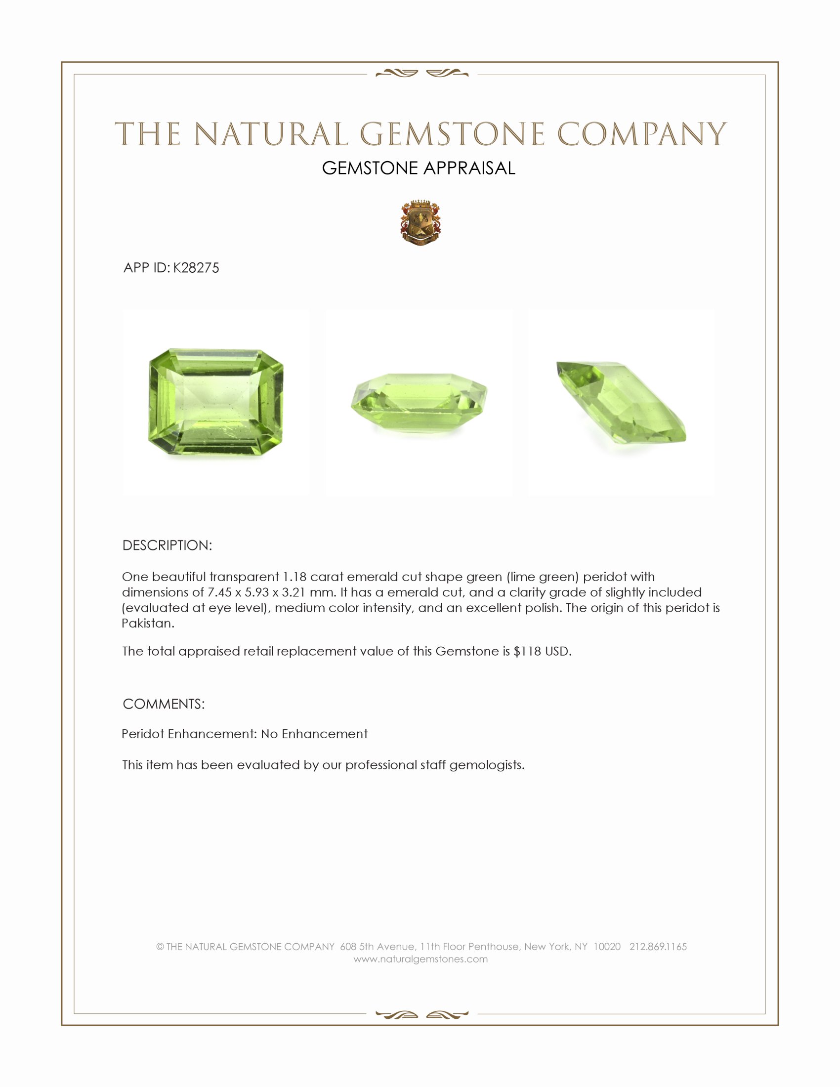 1.18 Ct. Green (Lime Green) Peridot from Pakistan