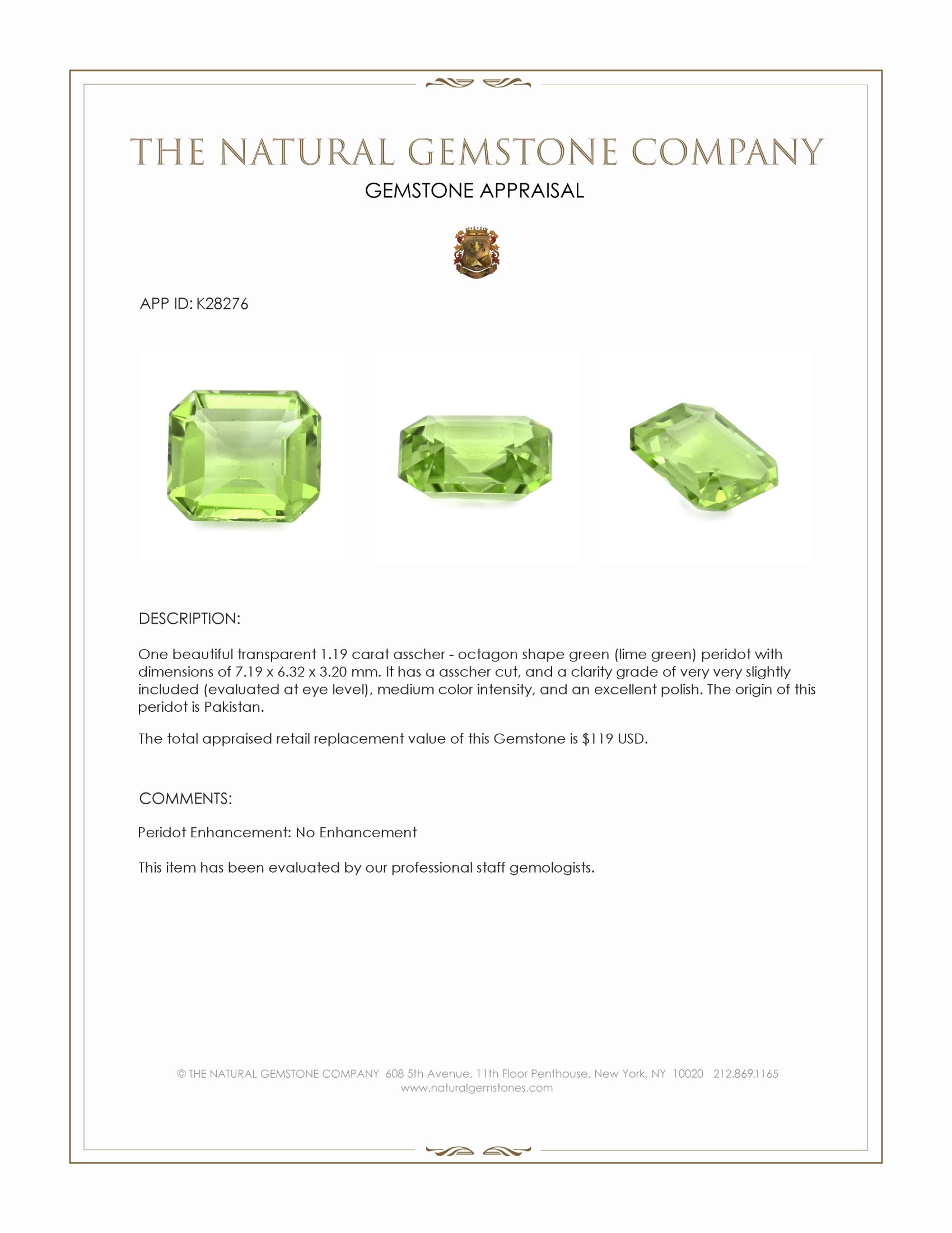 1.19 Ct. Green (Lime Green) Peridot from Pakistan