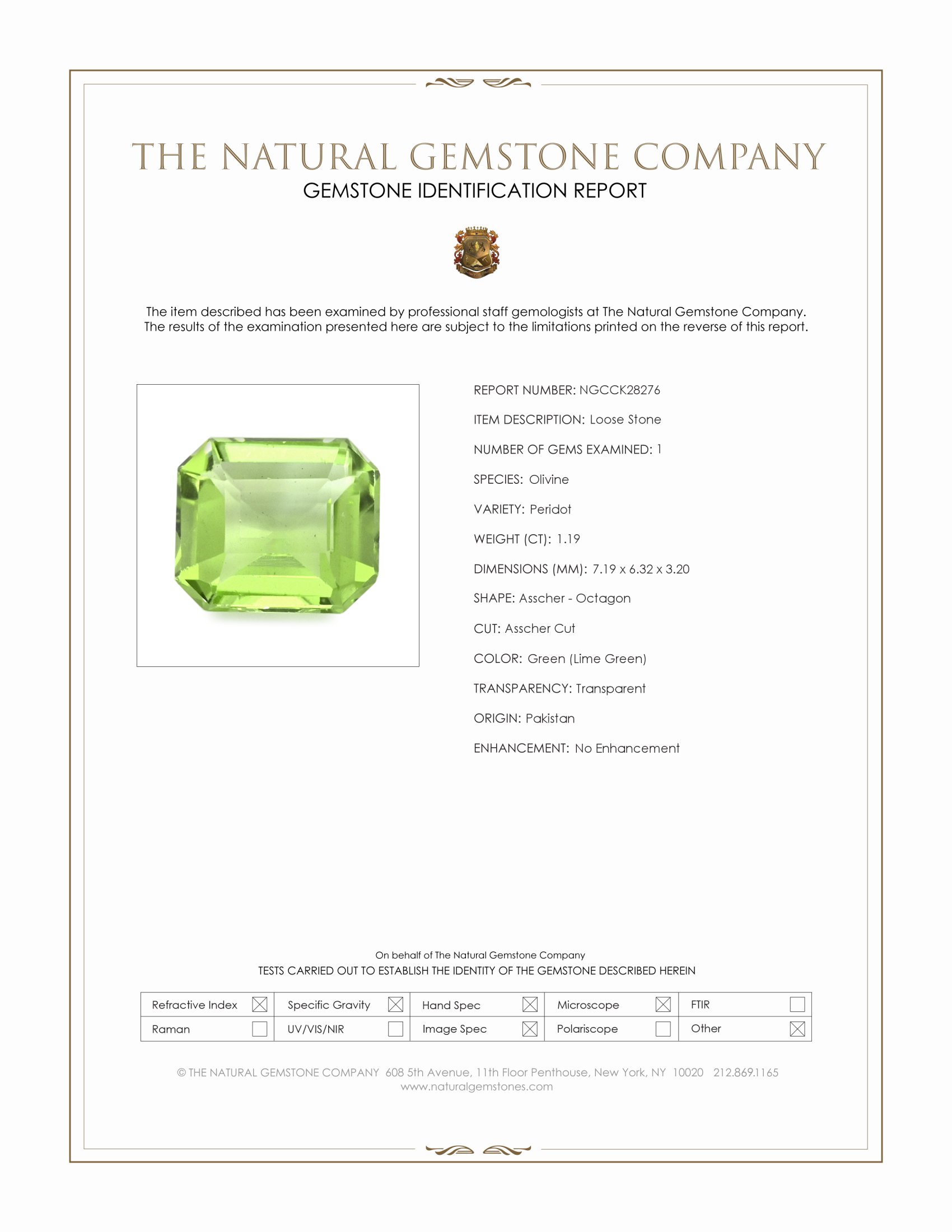 1.19 Ct. Green (Lime Green) Peridot from Pakistan