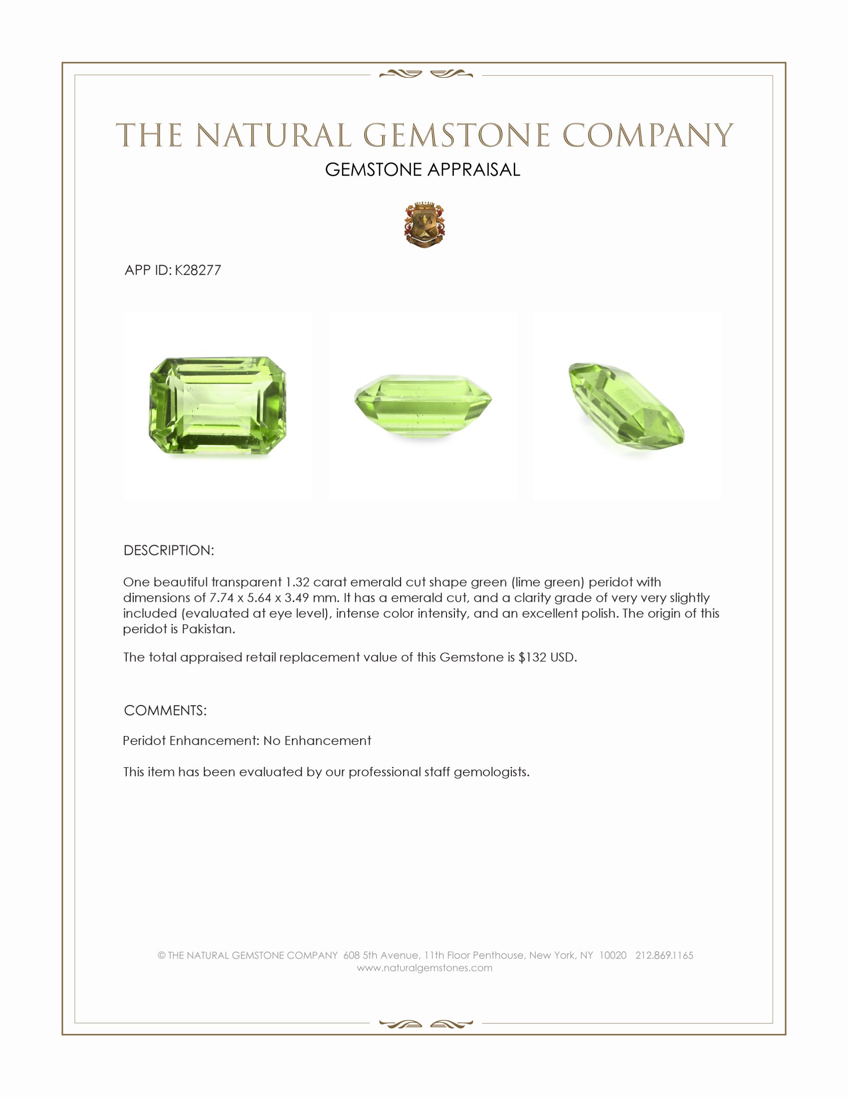 1.32 Ct. Green (Lime Green) Peridot from Pakistan