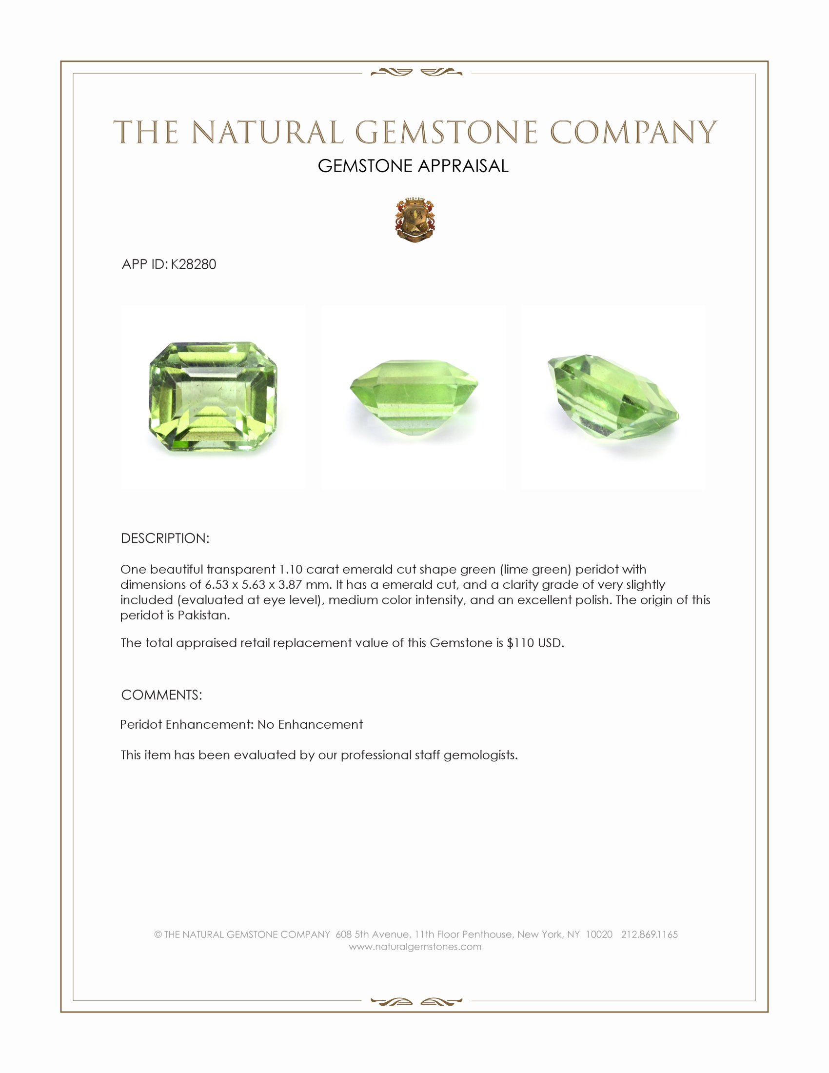 1.10 Ct. Green (Lime Green) Peridot from Pakistan