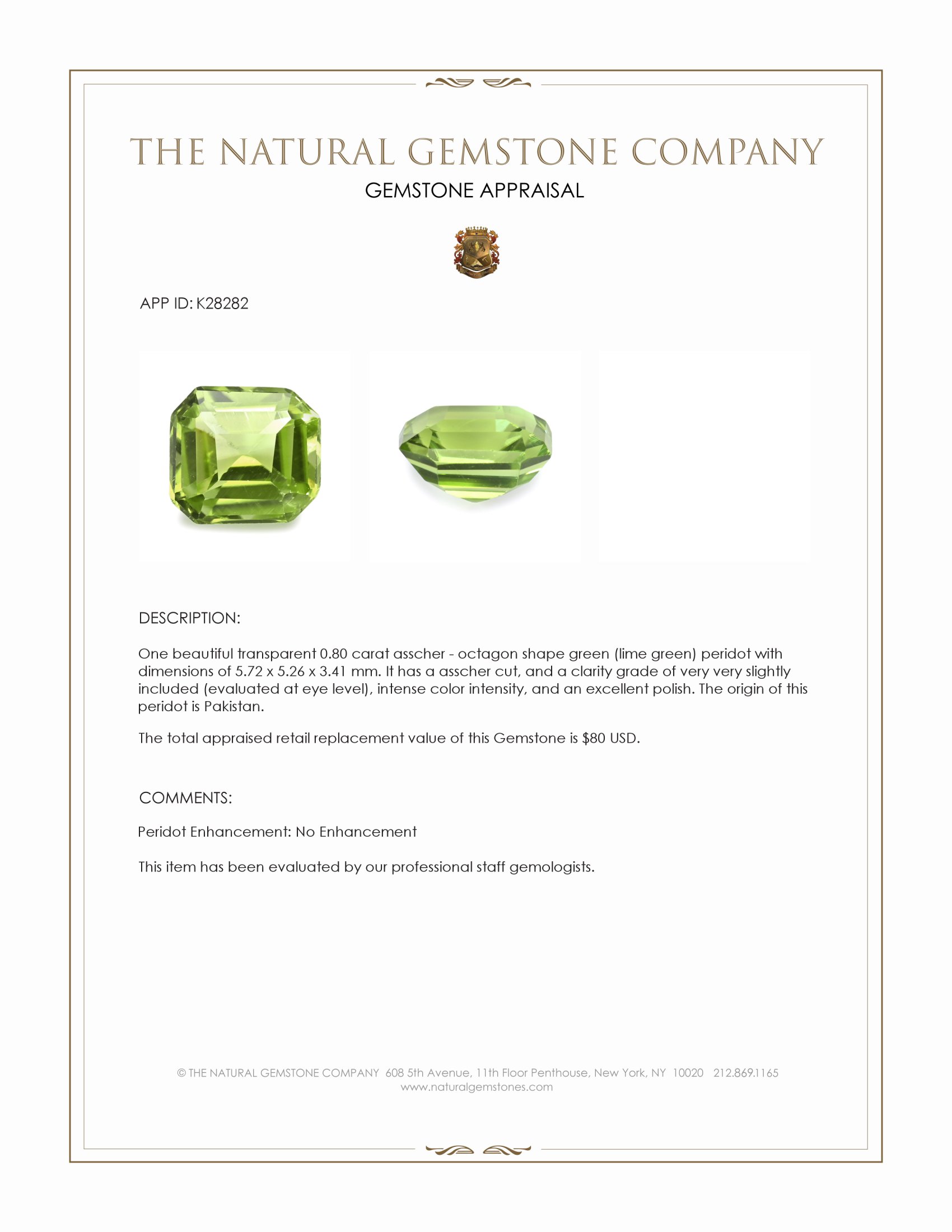 0.80 Ct. Green (Lime Green) Peridot from Pakistan