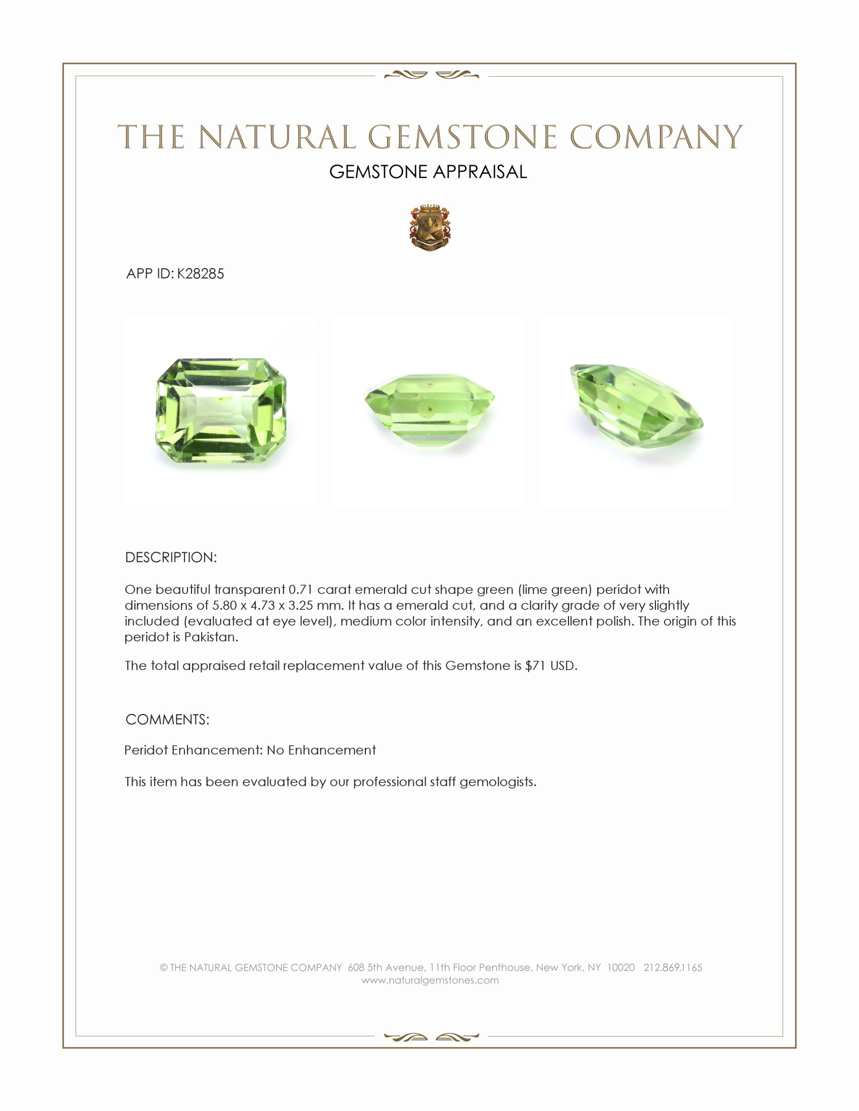 0.71 Ct. Green (Lime Green) Peridot from Pakistan