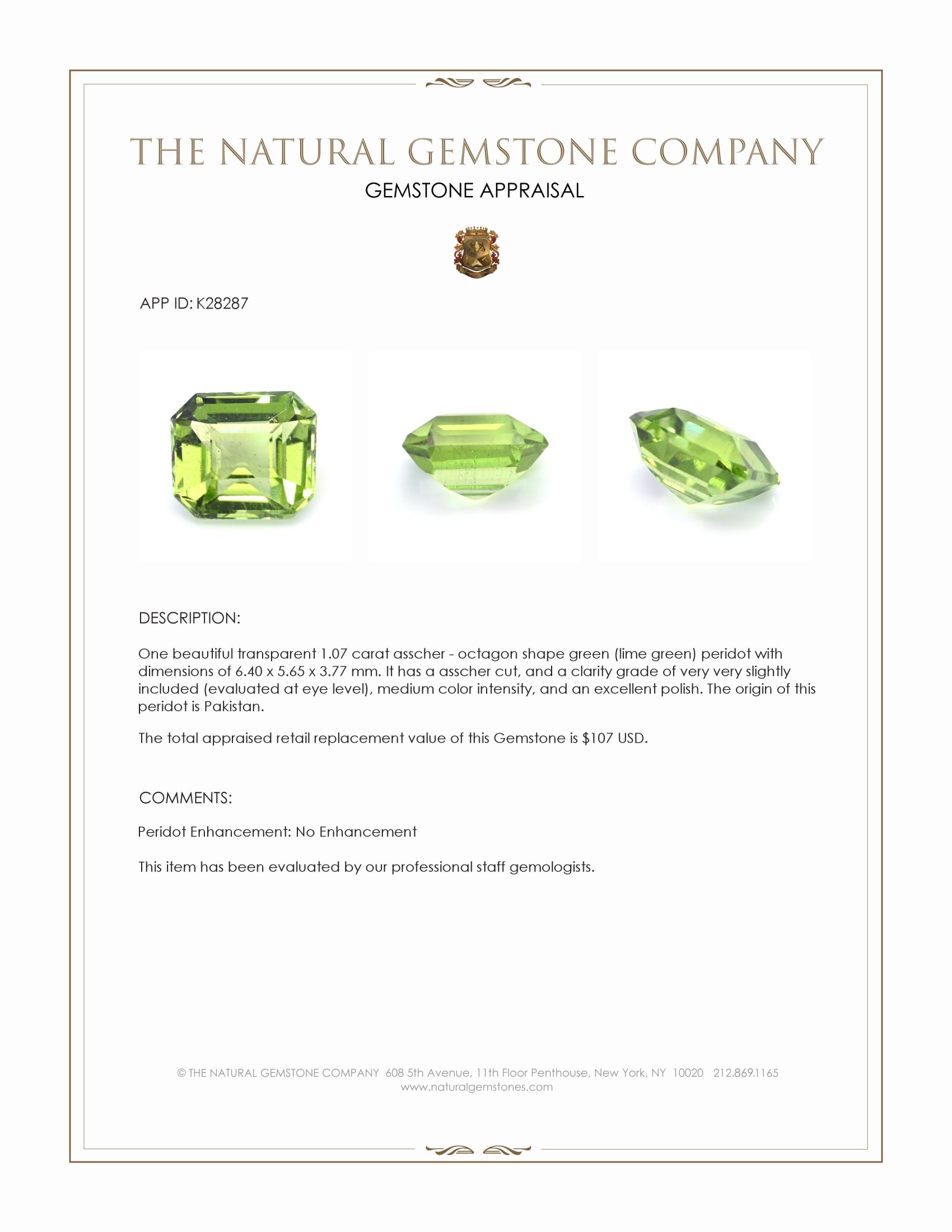 1.07 Ct. Green (Lime Green) Peridot from Pakistan