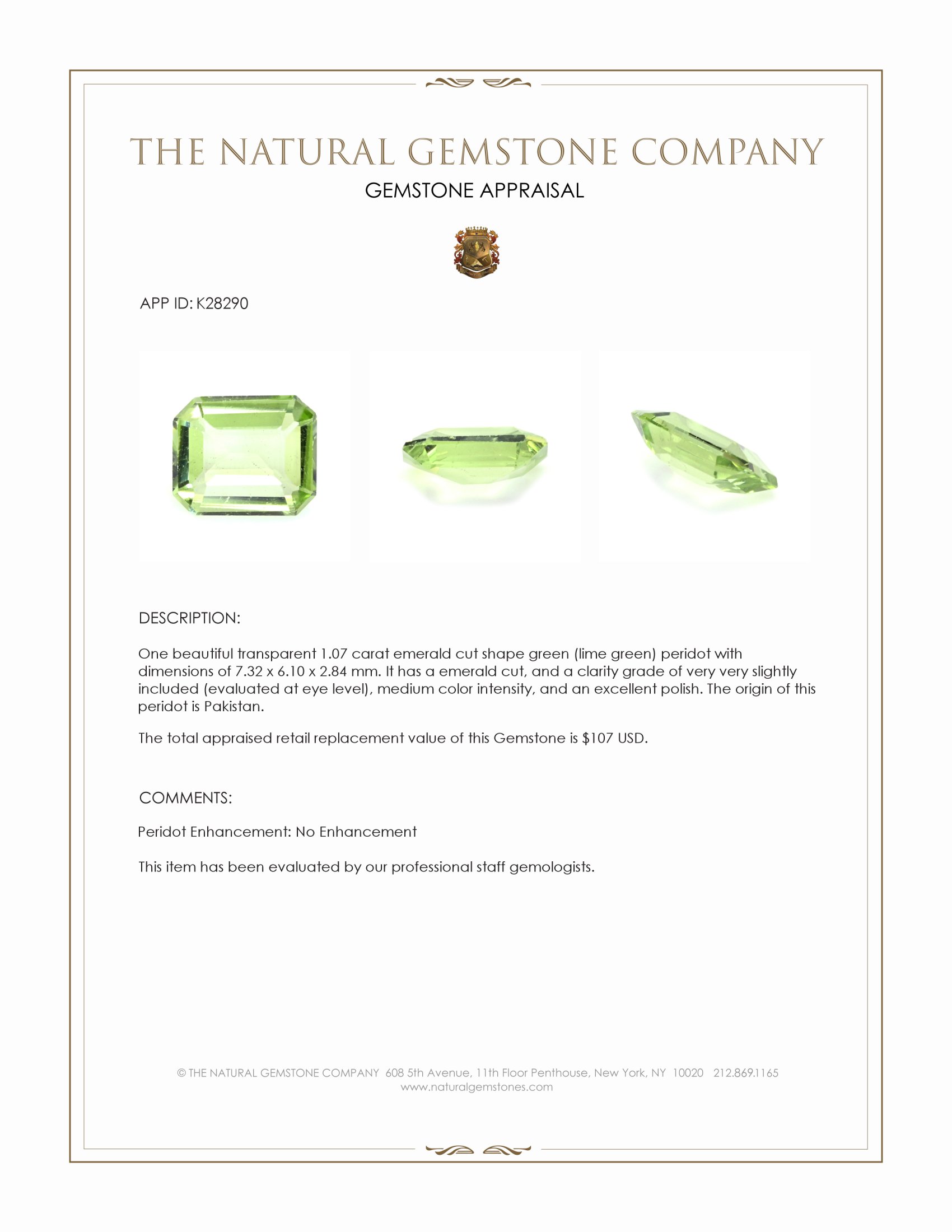 1.07 Ct. Green (Lime Green) Peridot from Pakistan