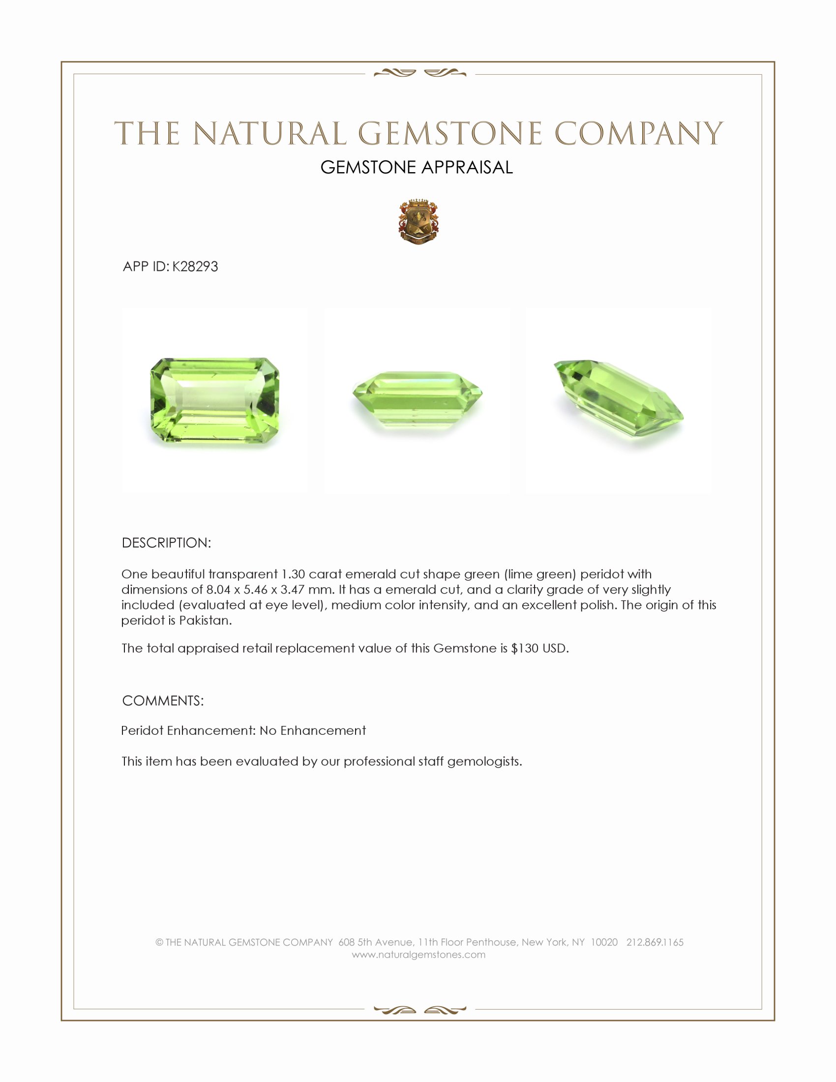 1.30 Ct. Green (Lime Green) Peridot from Pakistan