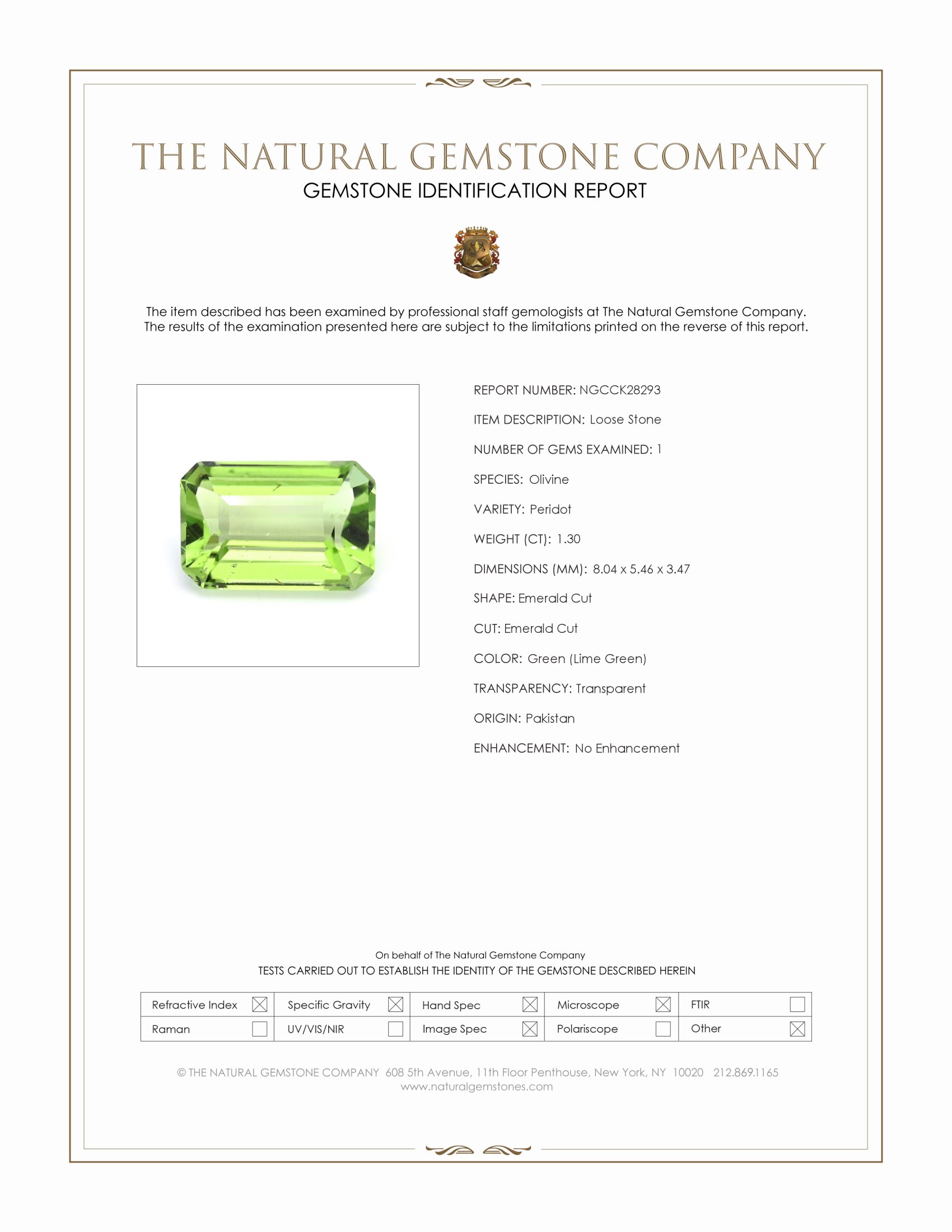 1.30 Ct. Green (Lime Green) Peridot from Pakistan