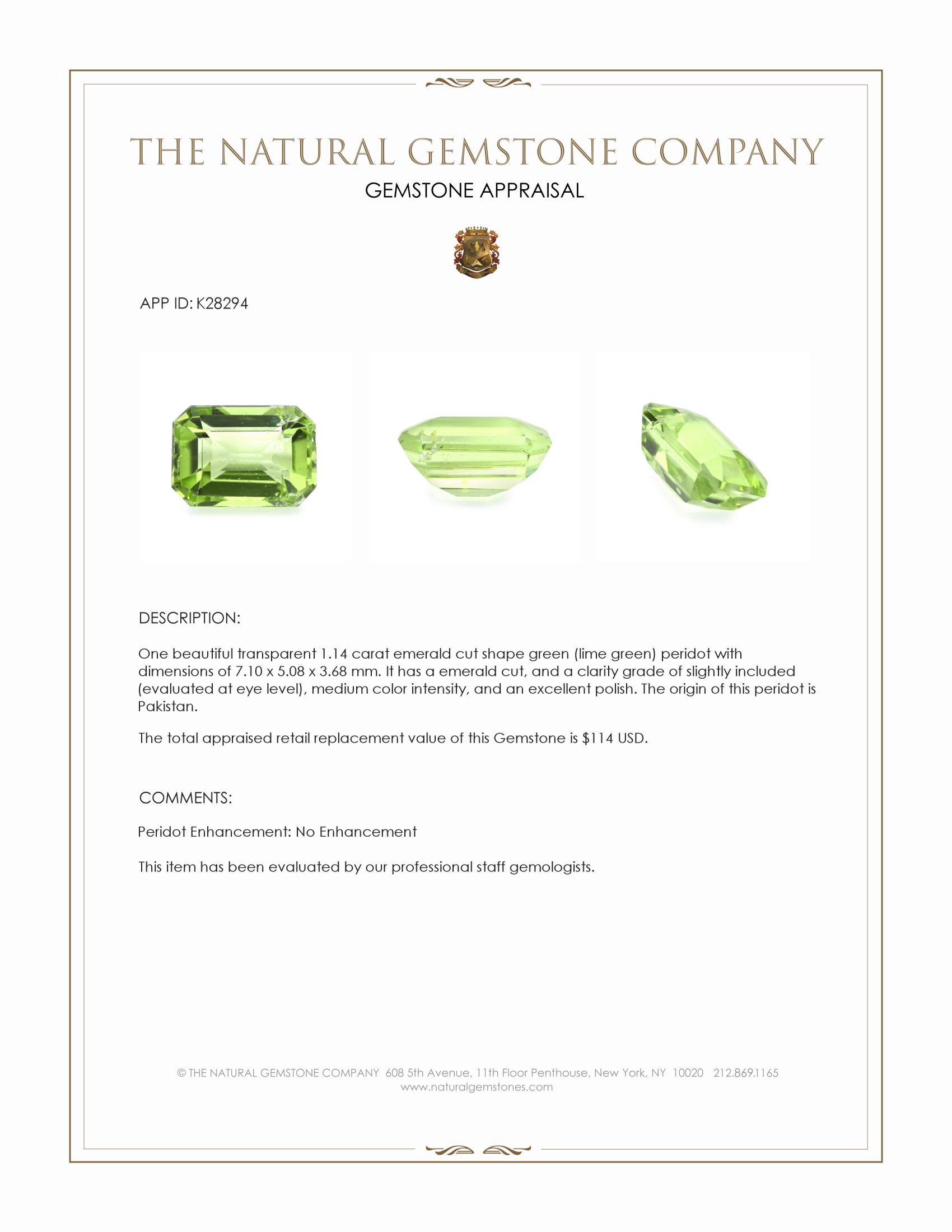 1.14 Ct. Green (Lime Green) Peridot from Pakistan