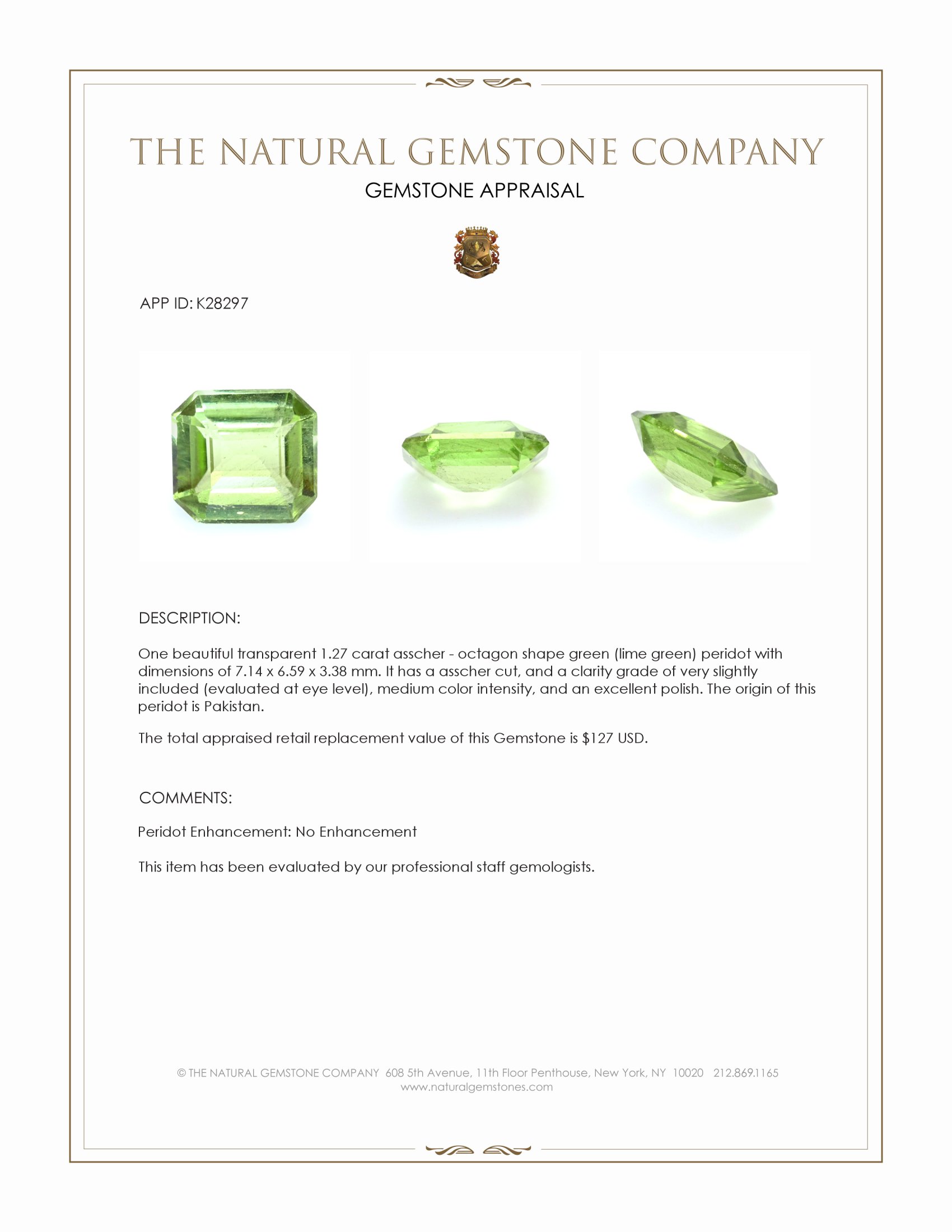 1.27 Ct. Green (Lime Green) Peridot from Pakistan