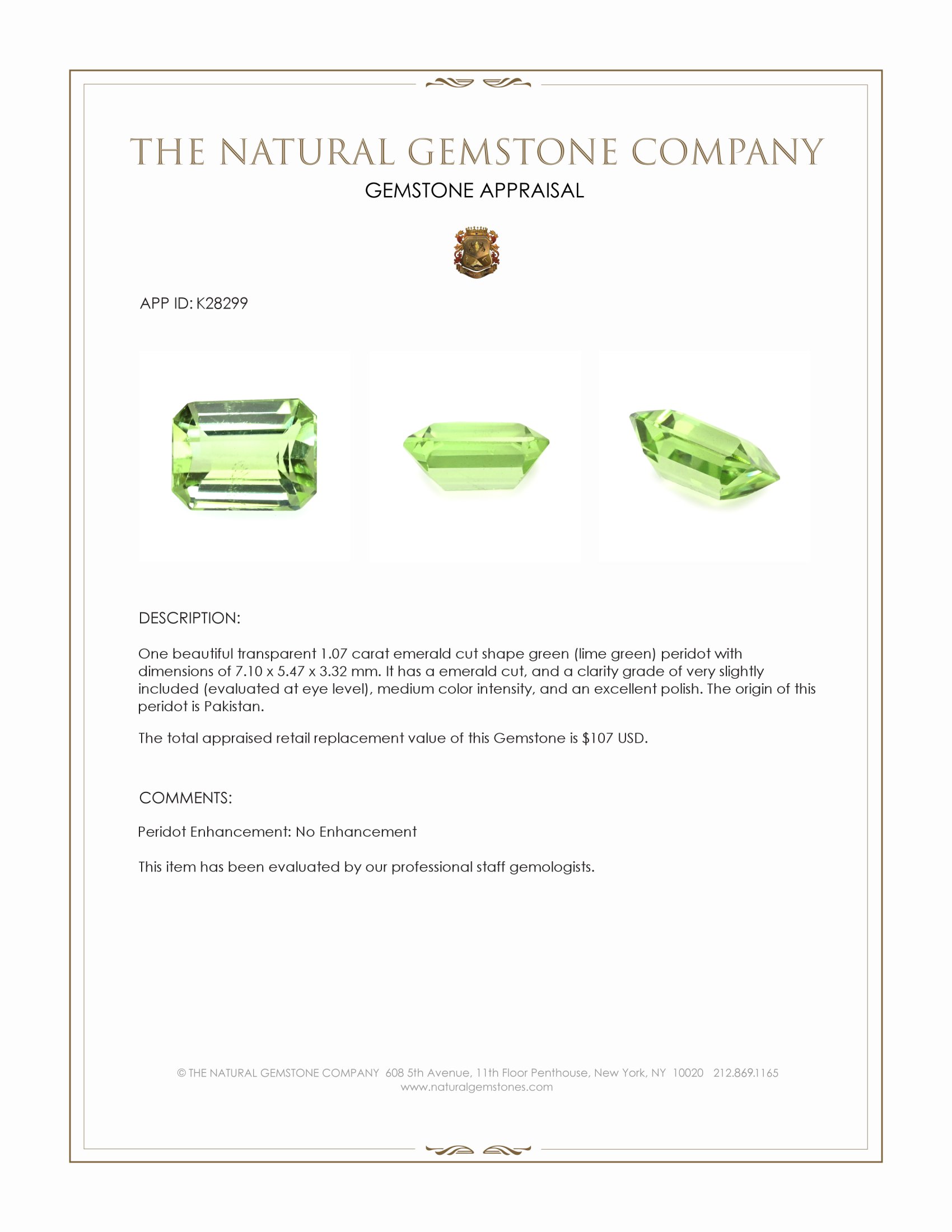 1.07 Ct. Green (Lime Green) Peridot from Pakistan