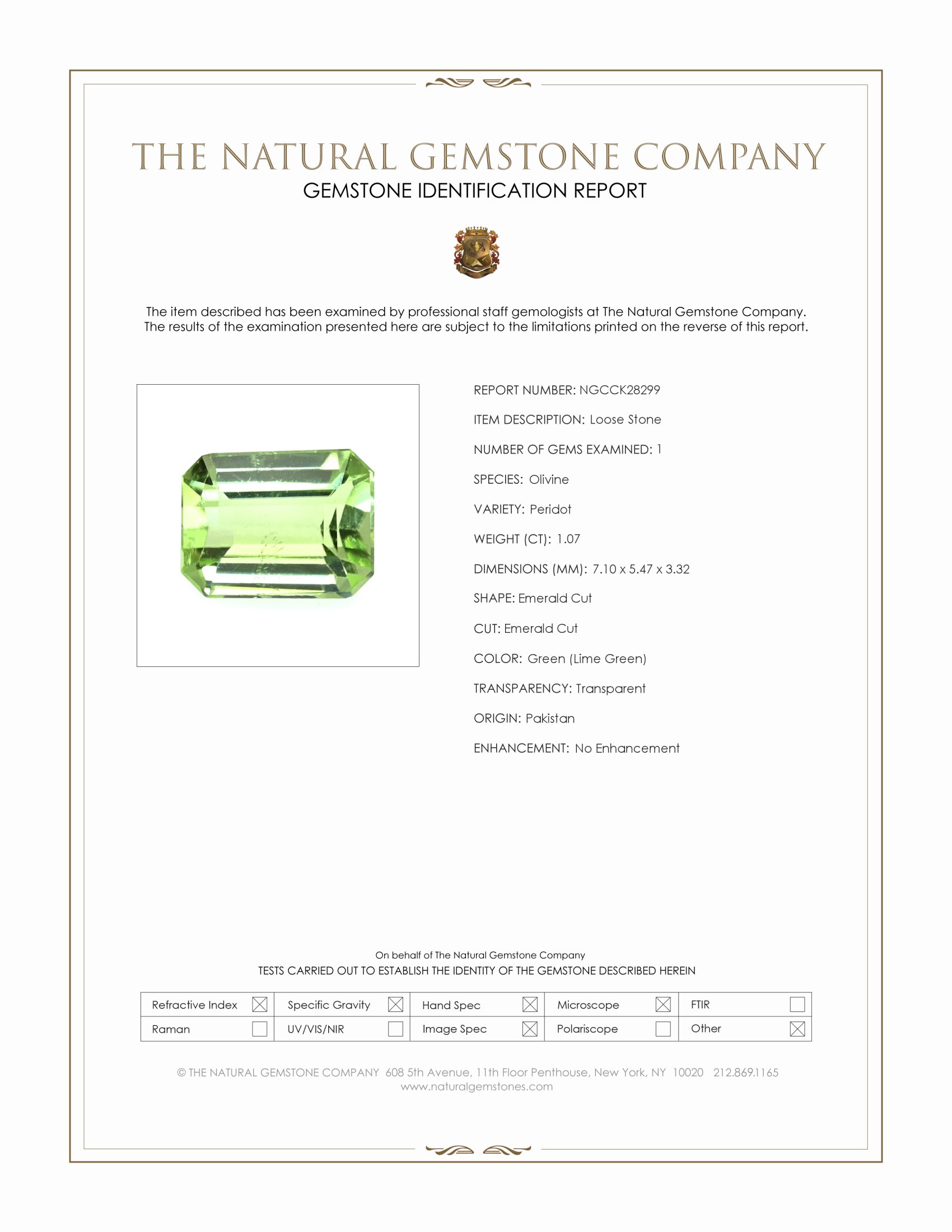 1.07 Ct. Green (Lime Green) Peridot from Pakistan