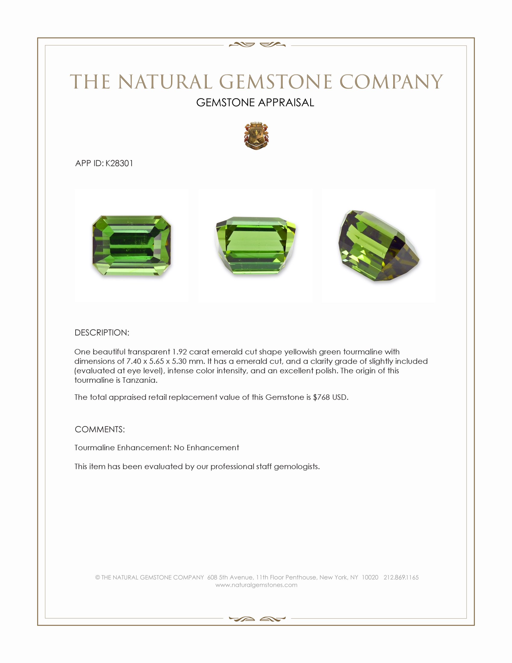 1.92 Ct. Yellowish Green Tourmaline from Tanzania