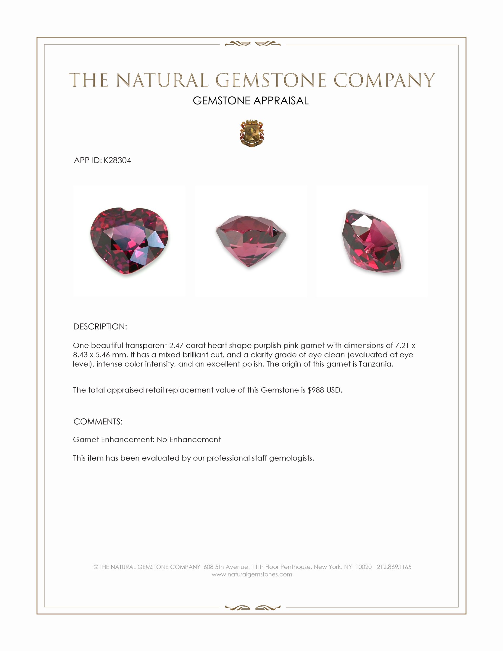 2.47 Ct. Purplish Pink Garnet from Tanzania