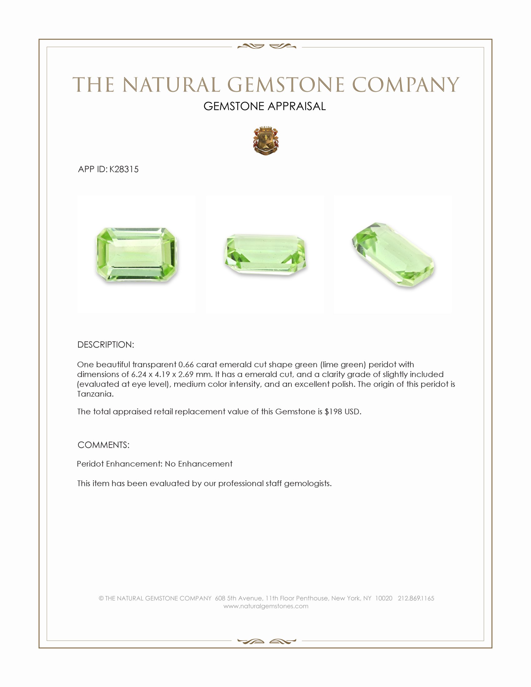 0.66 Ct. Green (Lime Green) Peridot from Tanzania