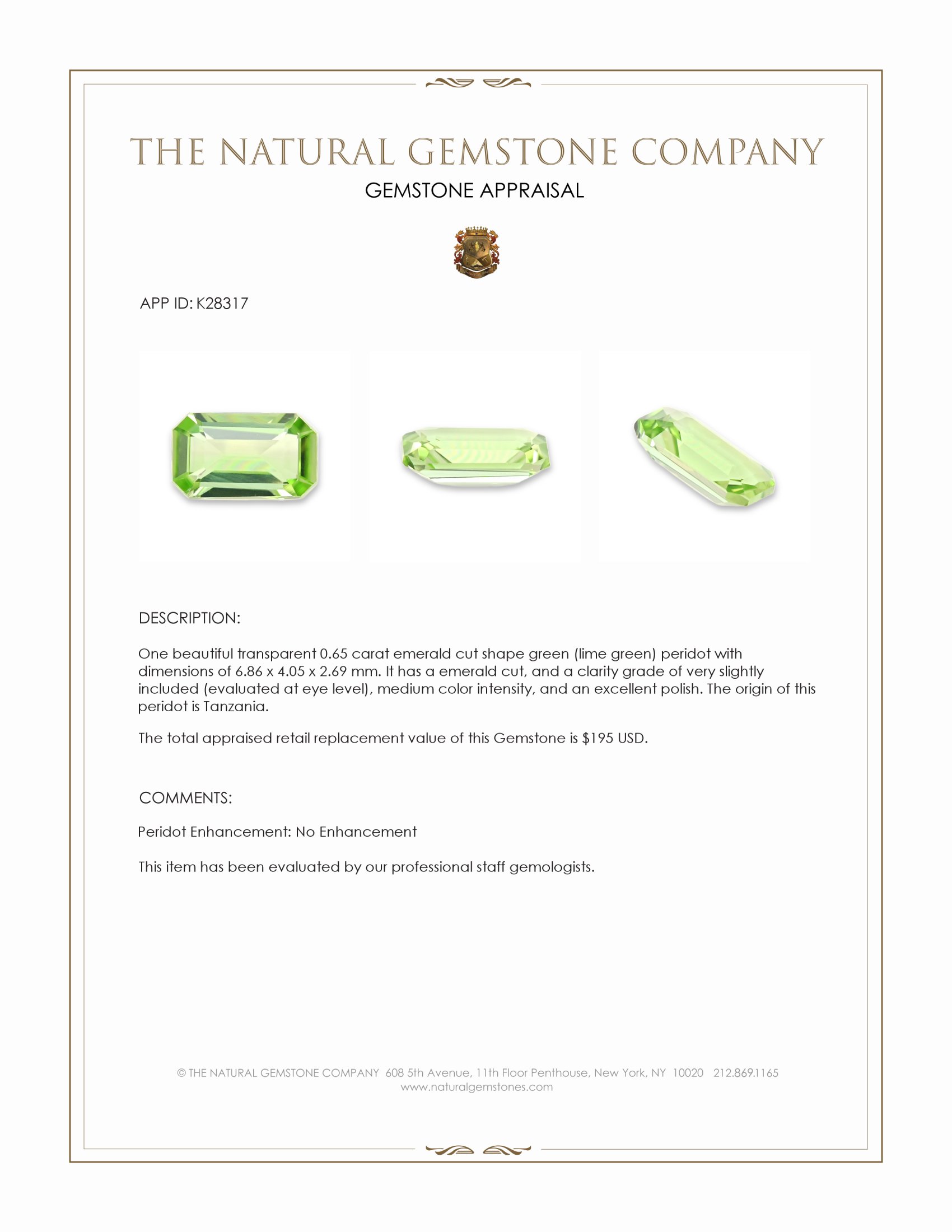 0.65 Ct. Green (Lime Green) Peridot from Tanzania