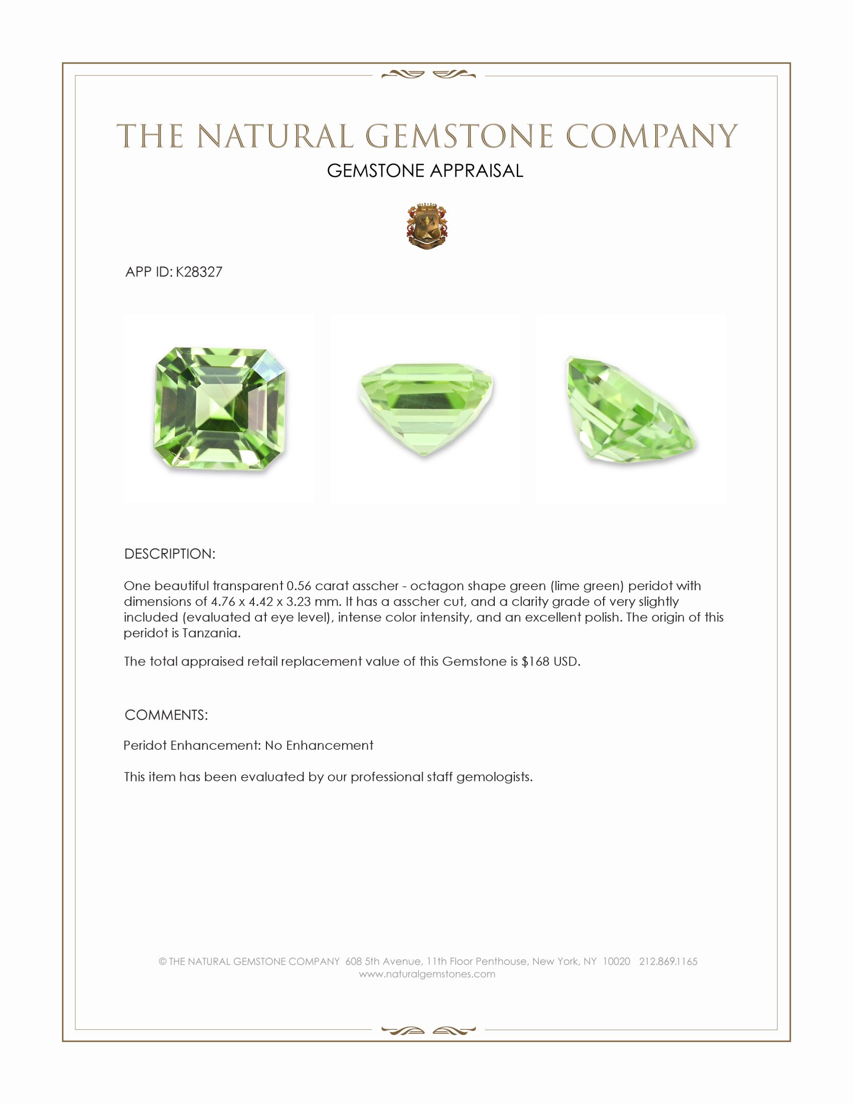 0.56 Ct. Green (Lime Green) Peridot from Tanzania