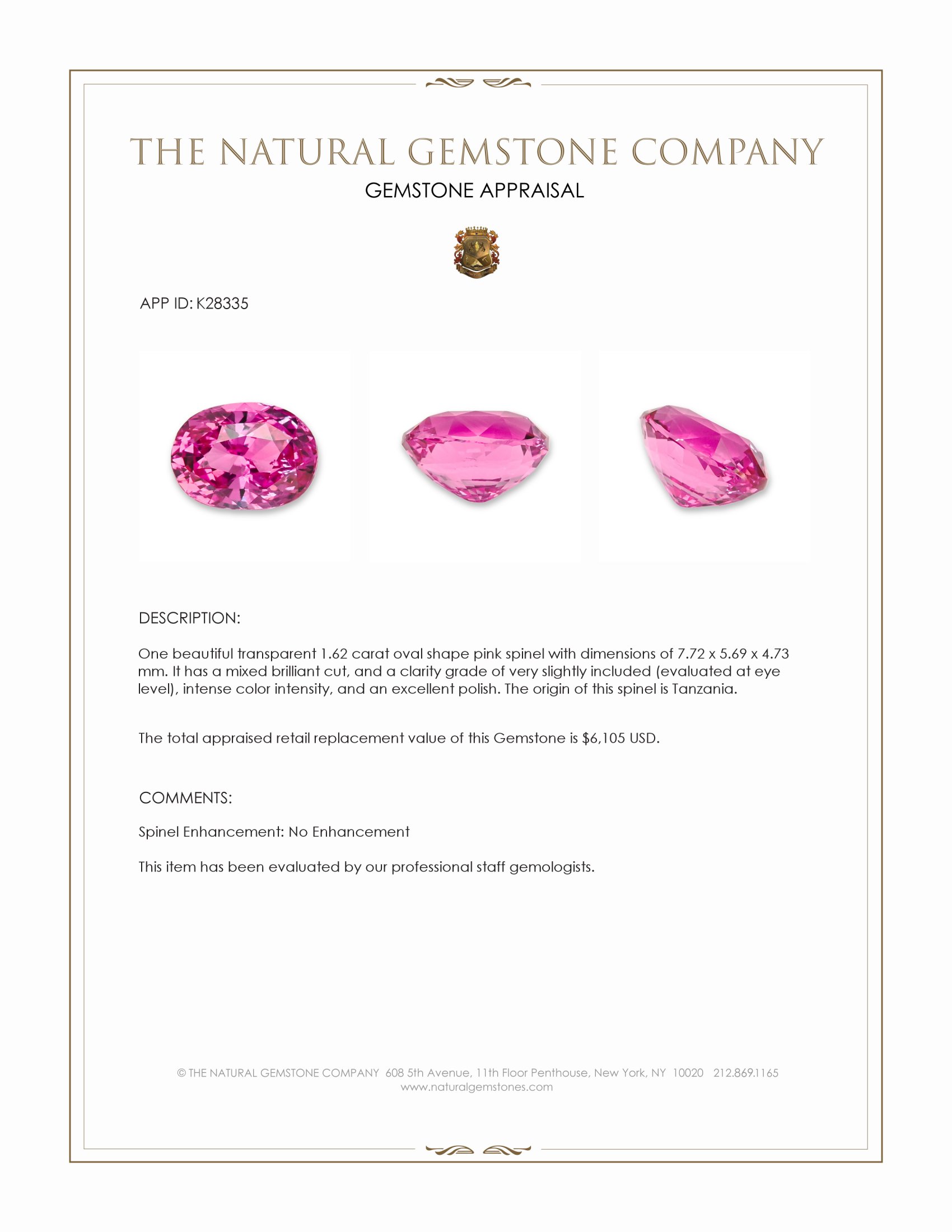 1.62 Ct. Pink Spinel from Tanzania