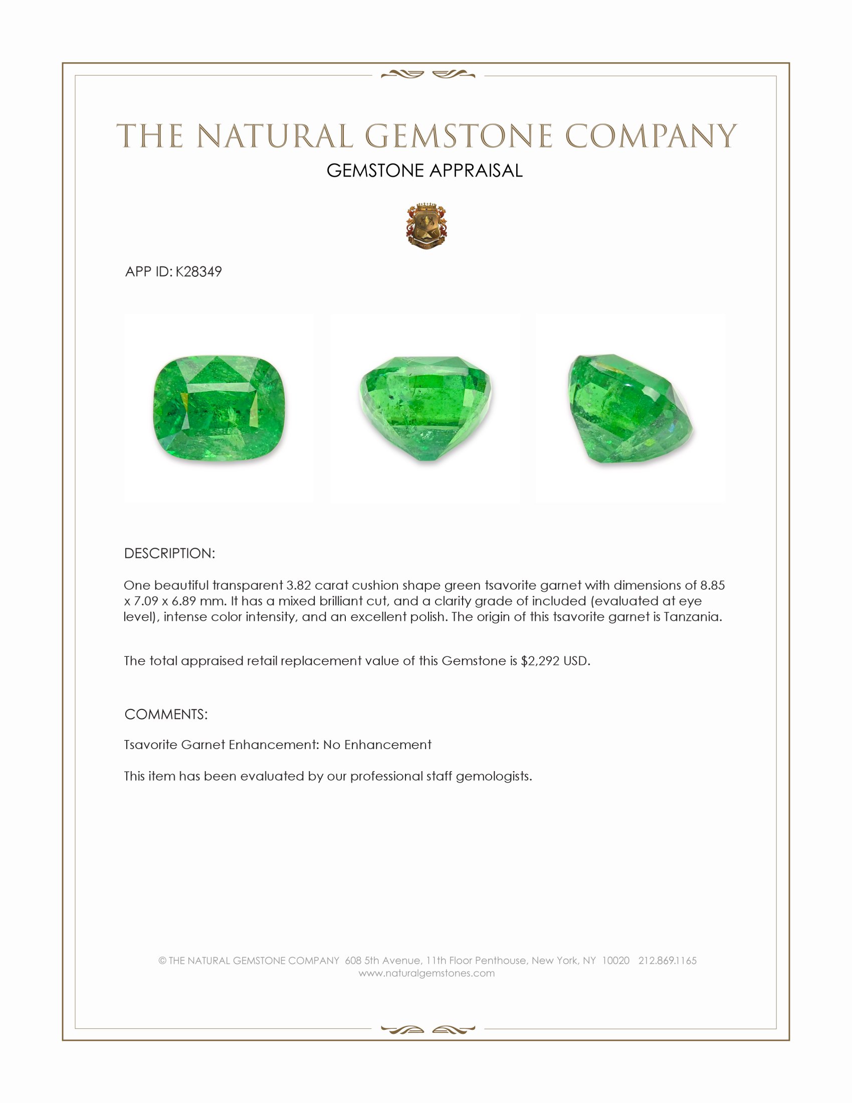 3.82 Ct. Tsavorite Garnet from Tanzania