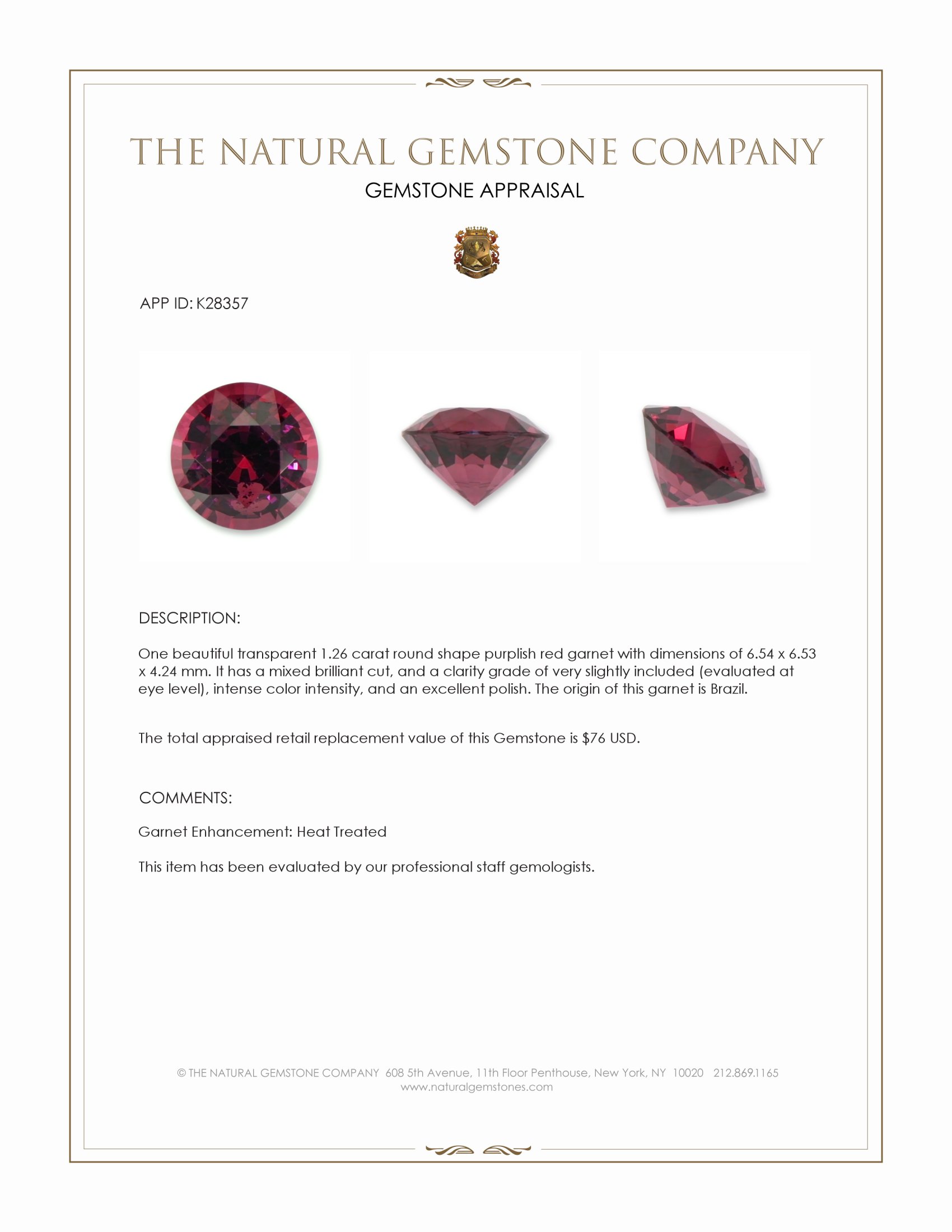 1.26 Ct. Purplish Red Garnet from Brazil