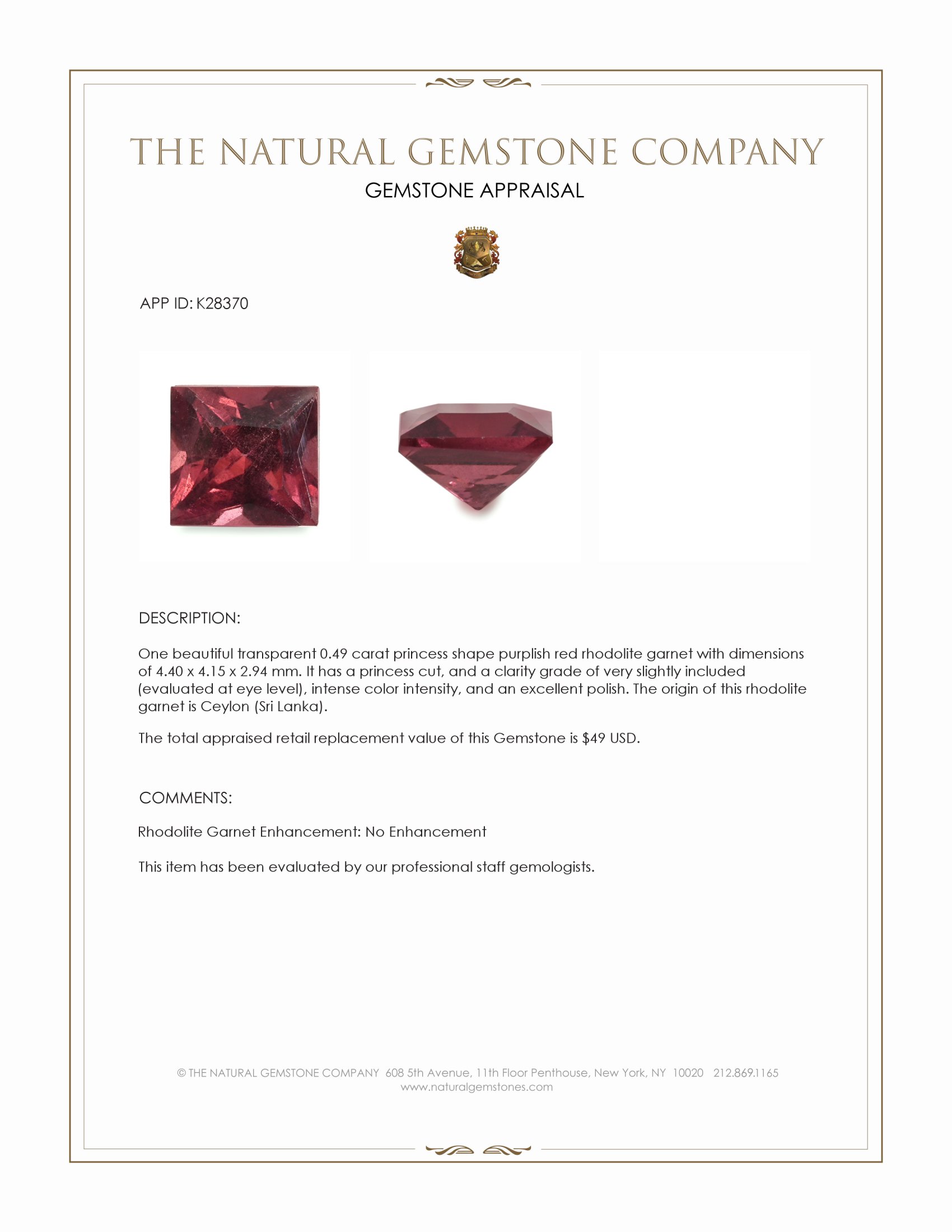 0.49 Ct. Purplish Red Rhodolite Garnet from Ceylon (Sri Lanka)