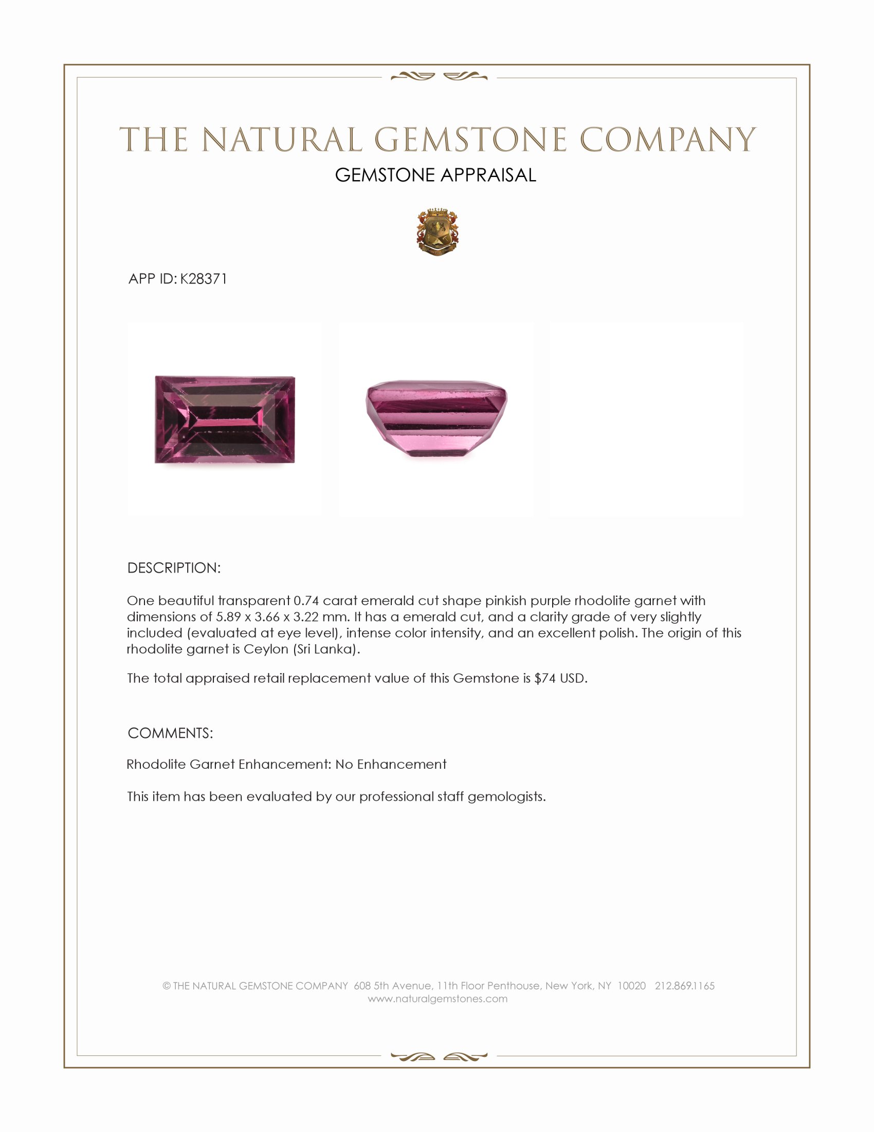 0.74 Ct. Pinkish Purple Rhodolite Garnet from Ceylon (Sri Lanka)
