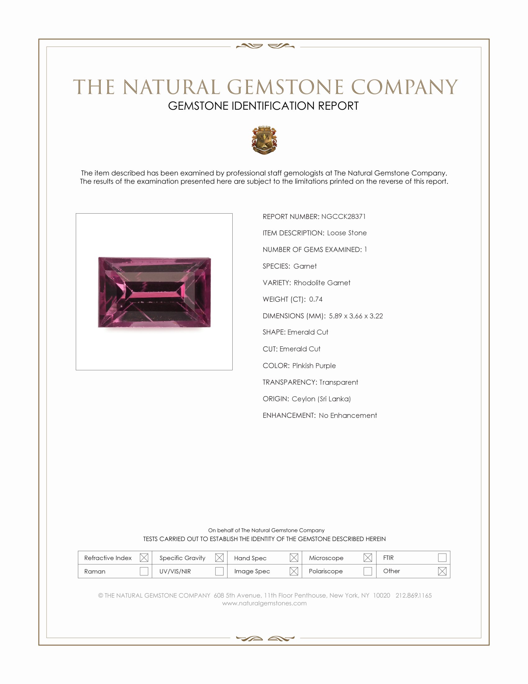 0.74 Ct. Pinkish Purple Rhodolite Garnet from Ceylon (Sri Lanka)