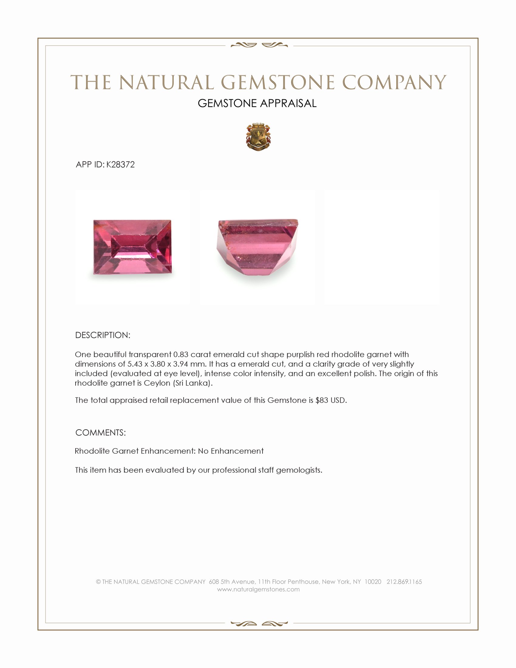 0.83 Ct. Purplish Red Rhodolite Garnet from Ceylon (Sri Lanka)
