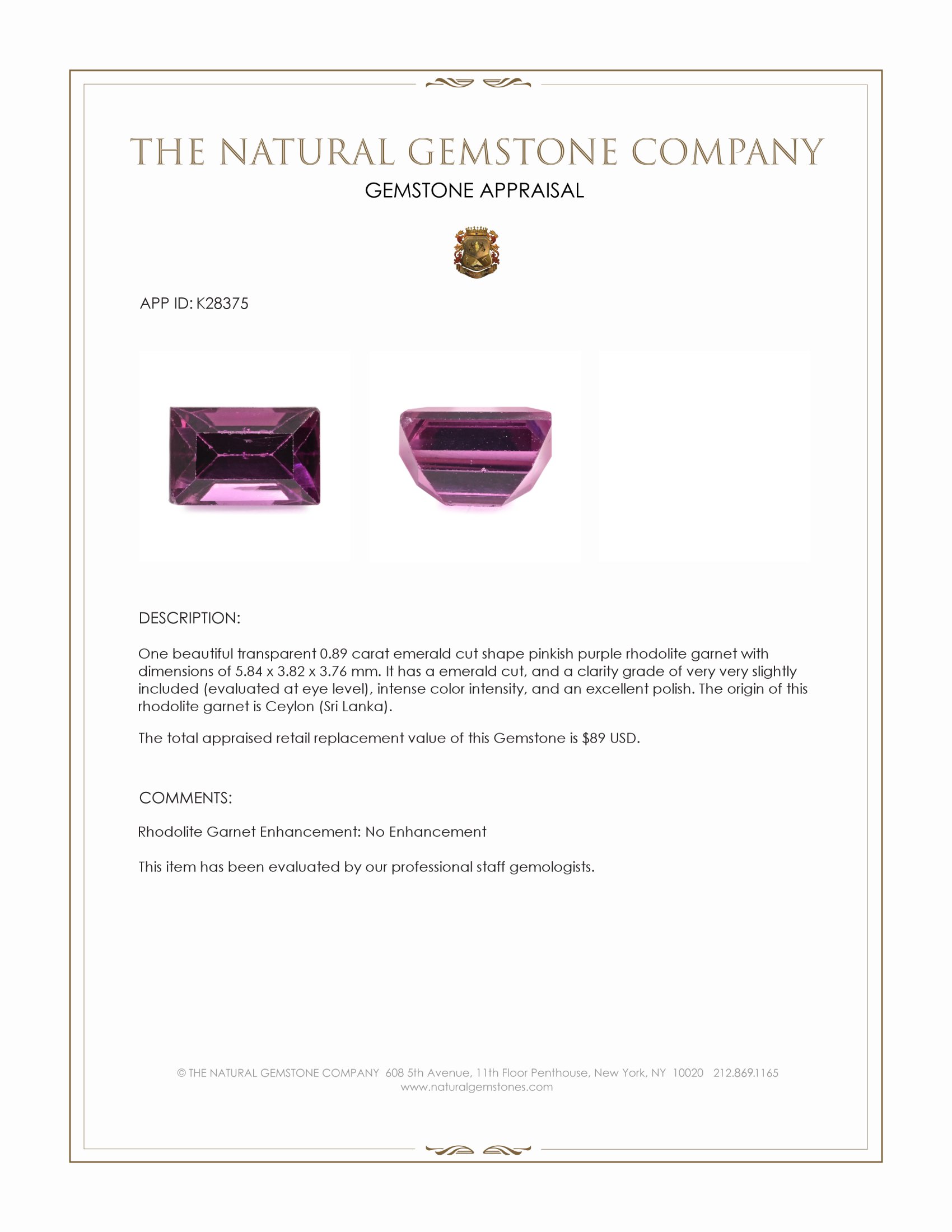 0.89 Ct. Pinkish Purple Rhodolite Garnet from Ceylon (Sri Lanka)