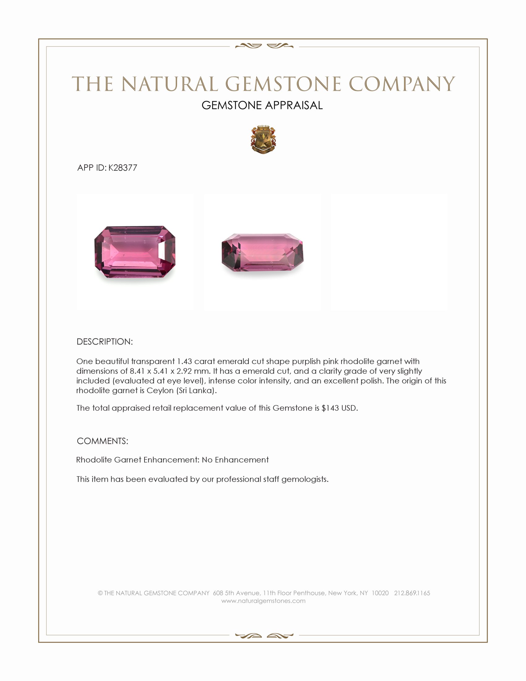 1.43 Ct. Purplish Pink Rhodolite Garnet from Ceylon (Sri Lanka)