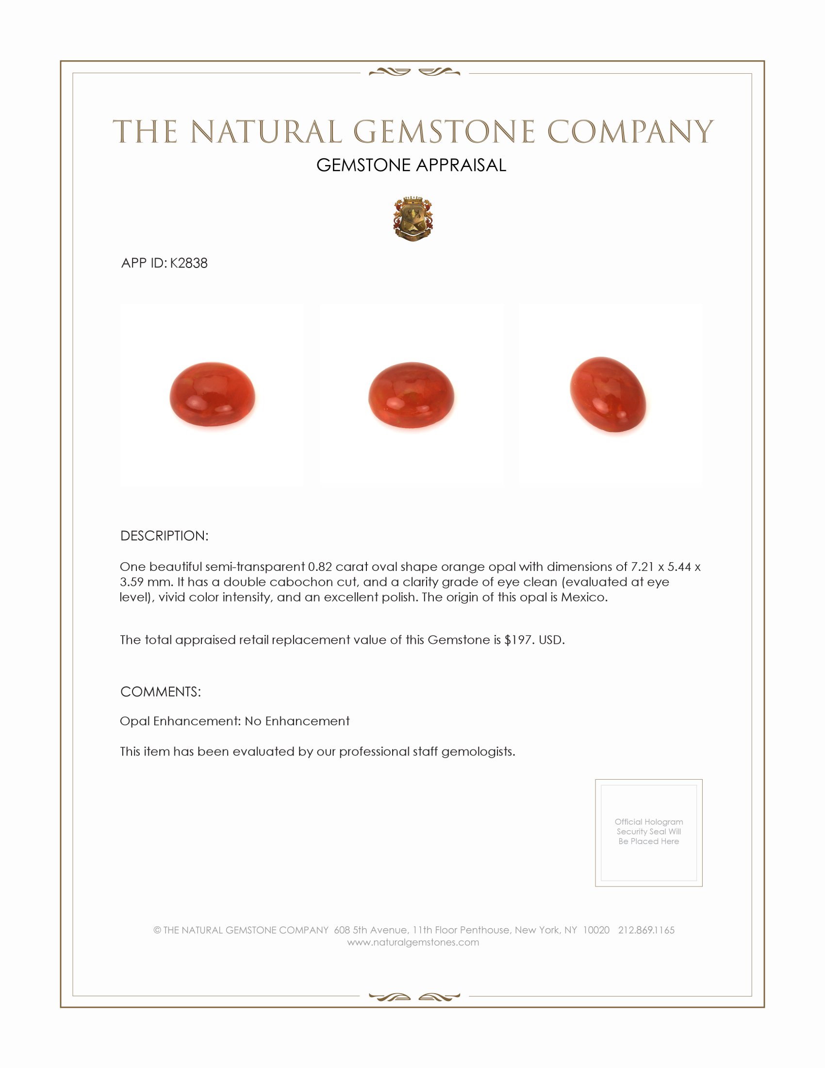 0.82 Ct. Cabochon Fire Opal from Mexico