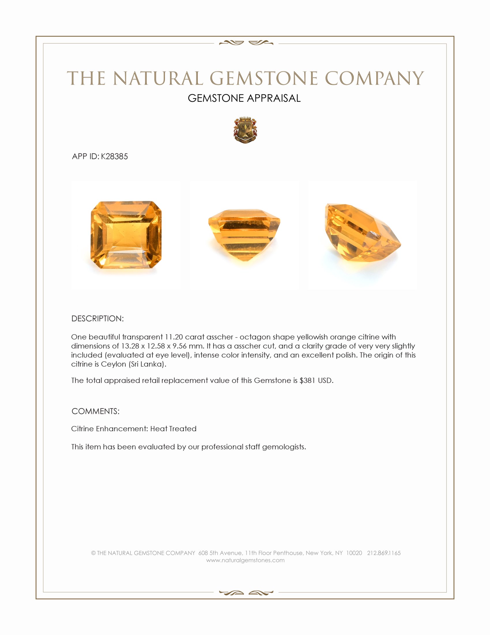 11.20 Ct. Yellowish Orange Citrine from Ceylon (Sri Lanka)