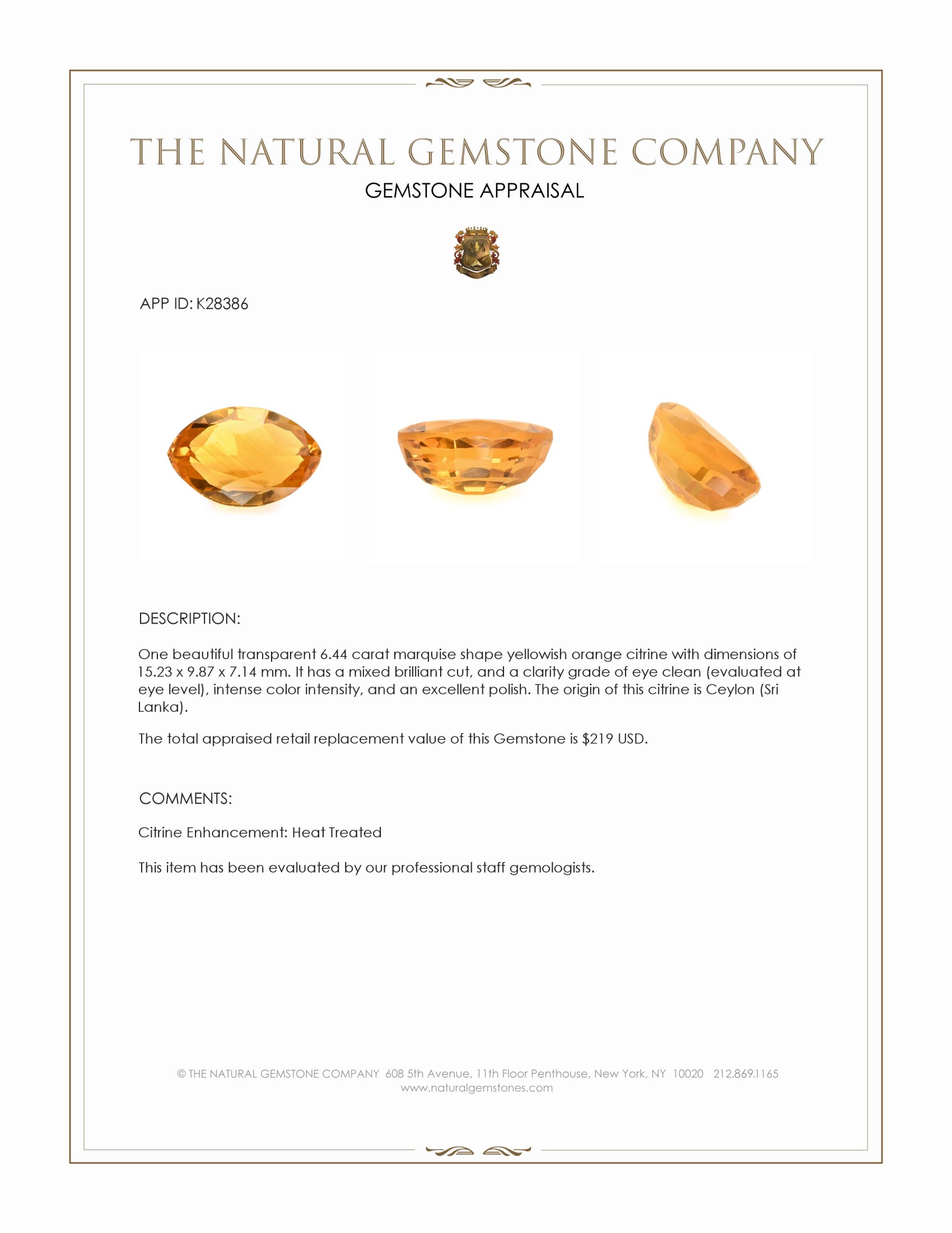 6.44 Ct. Yellowish Orange Citrine from Ceylon (Sri Lanka)