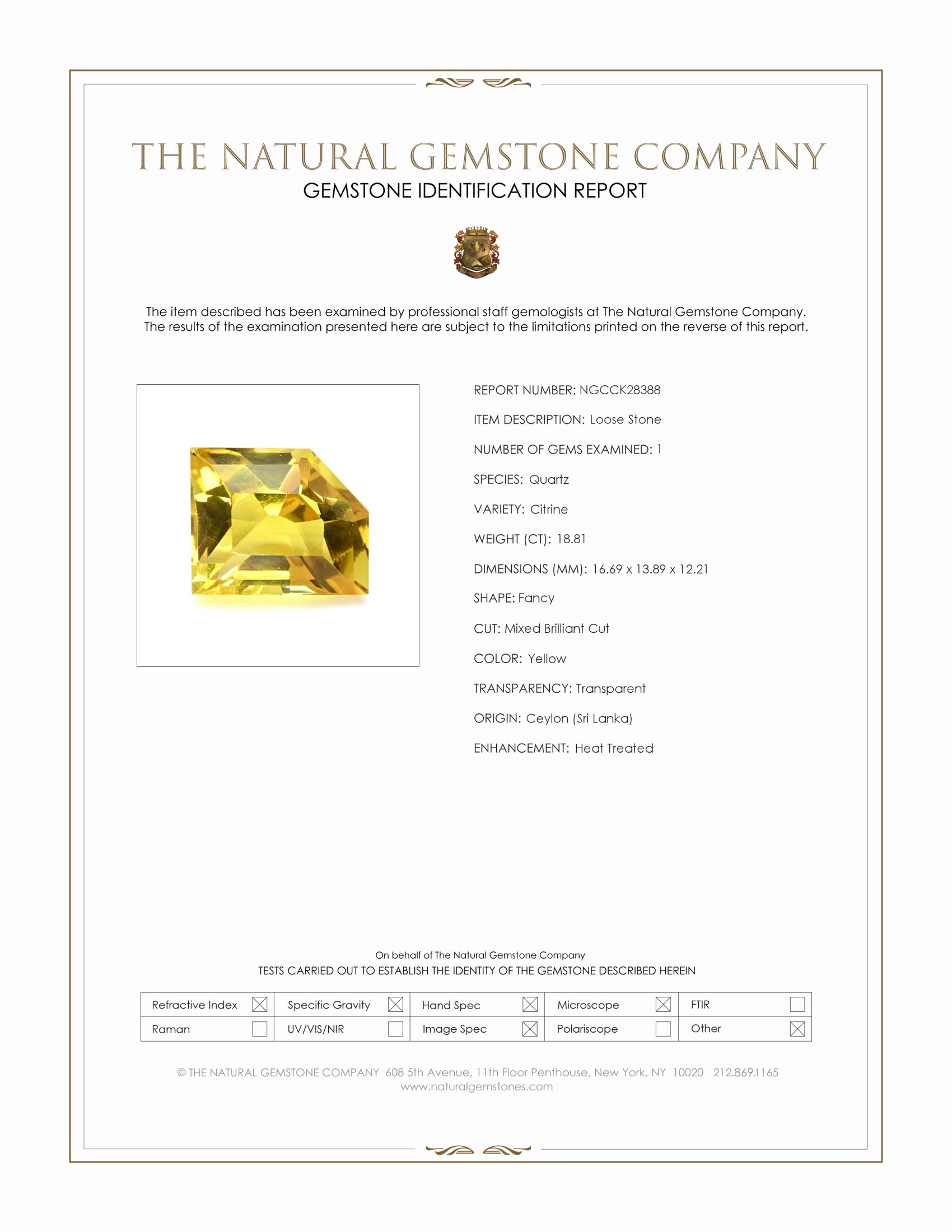 18.81 Ct. Yellow Citrine from Ceylon (Sri Lanka)