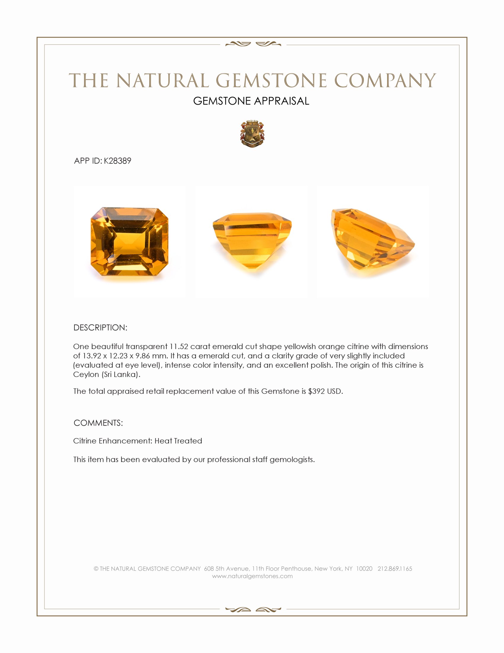 11.52 Ct. Yellowish Orange Citrine from Ceylon (Sri Lanka)