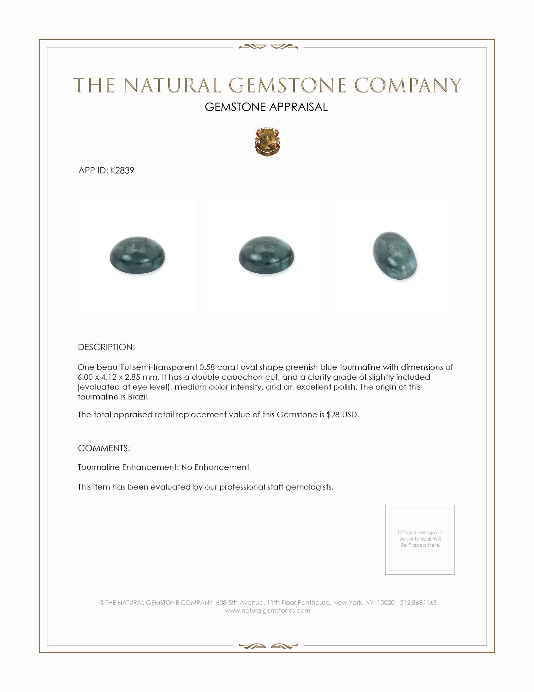 0.58 Ct. Cabochon Tourmaline from Brazil