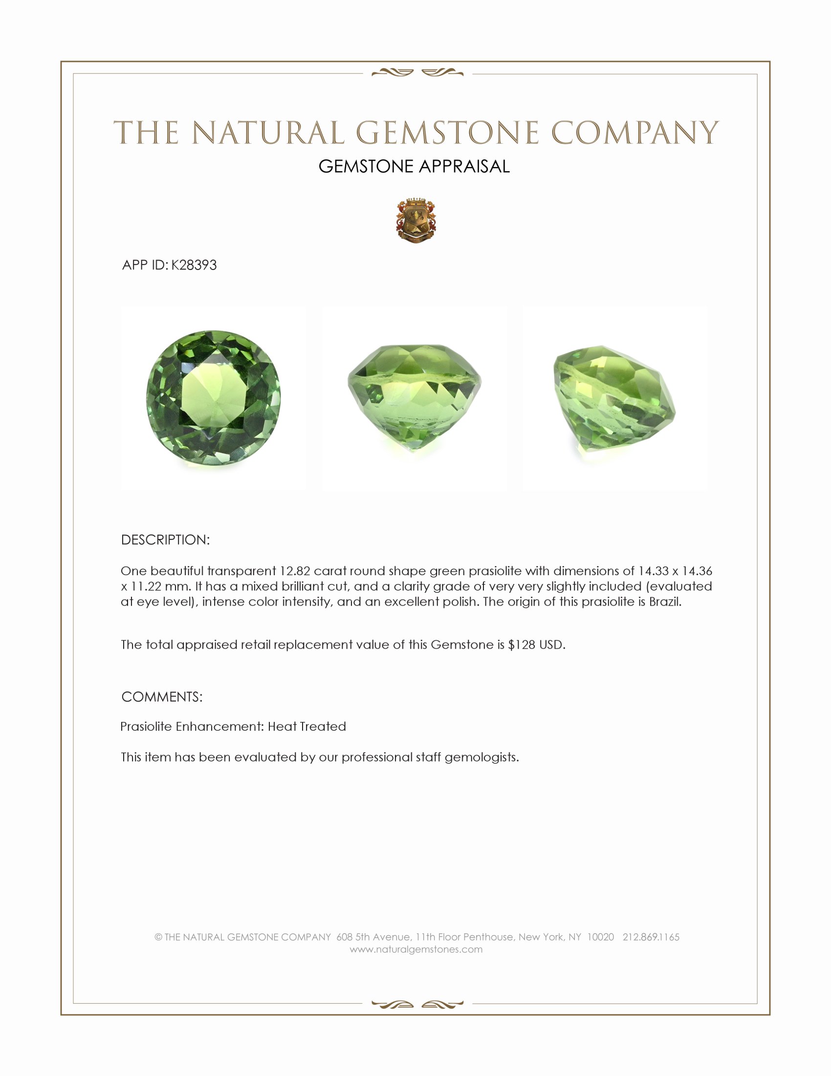 12.82 Ct. Green Prasiolite from Brazil