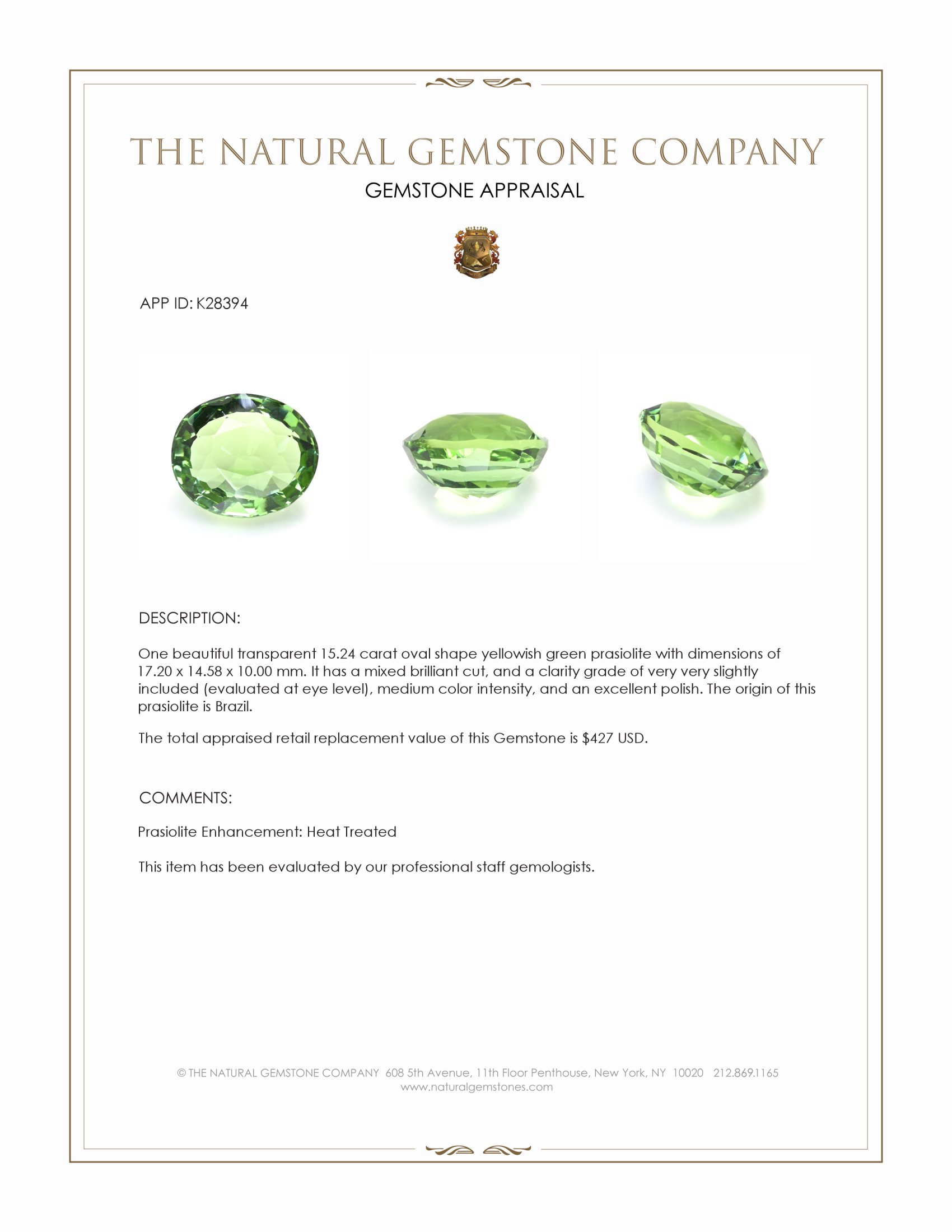 15.24 Ct. Yellowish Green Prasiolite from Brazil