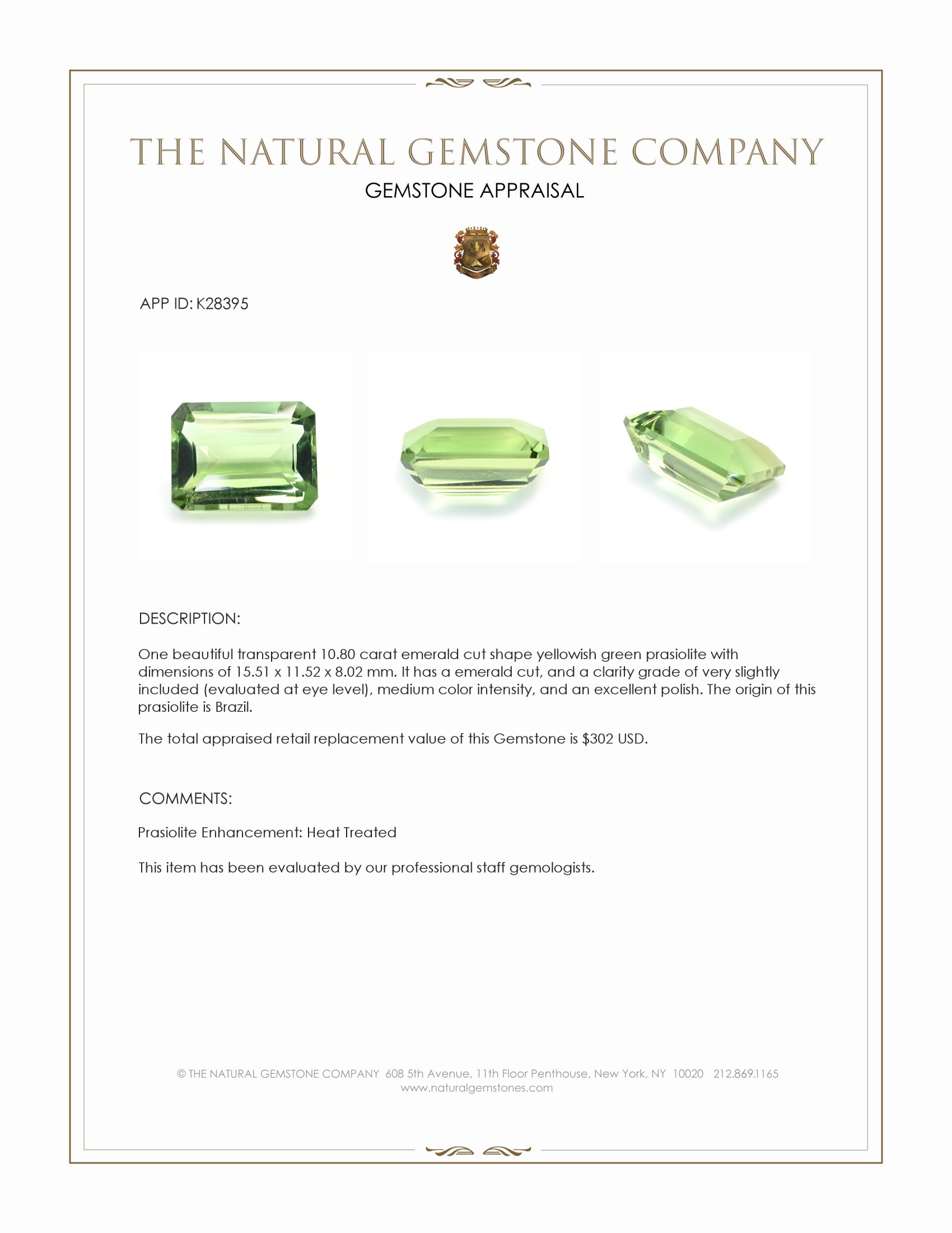 10.80 Ct. Yellowish Green Prasiolite from Brazil