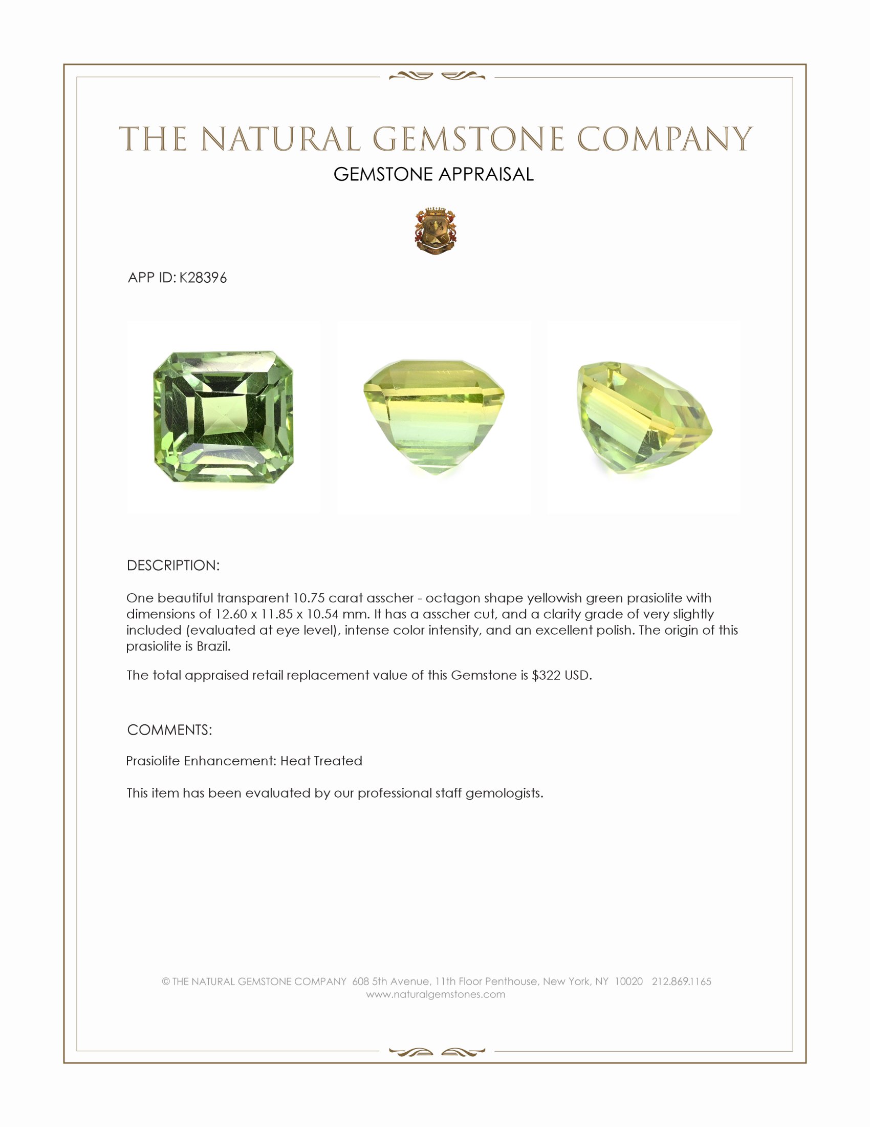 10.75 Ct. Yellowish Green Prasiolite from Brazil