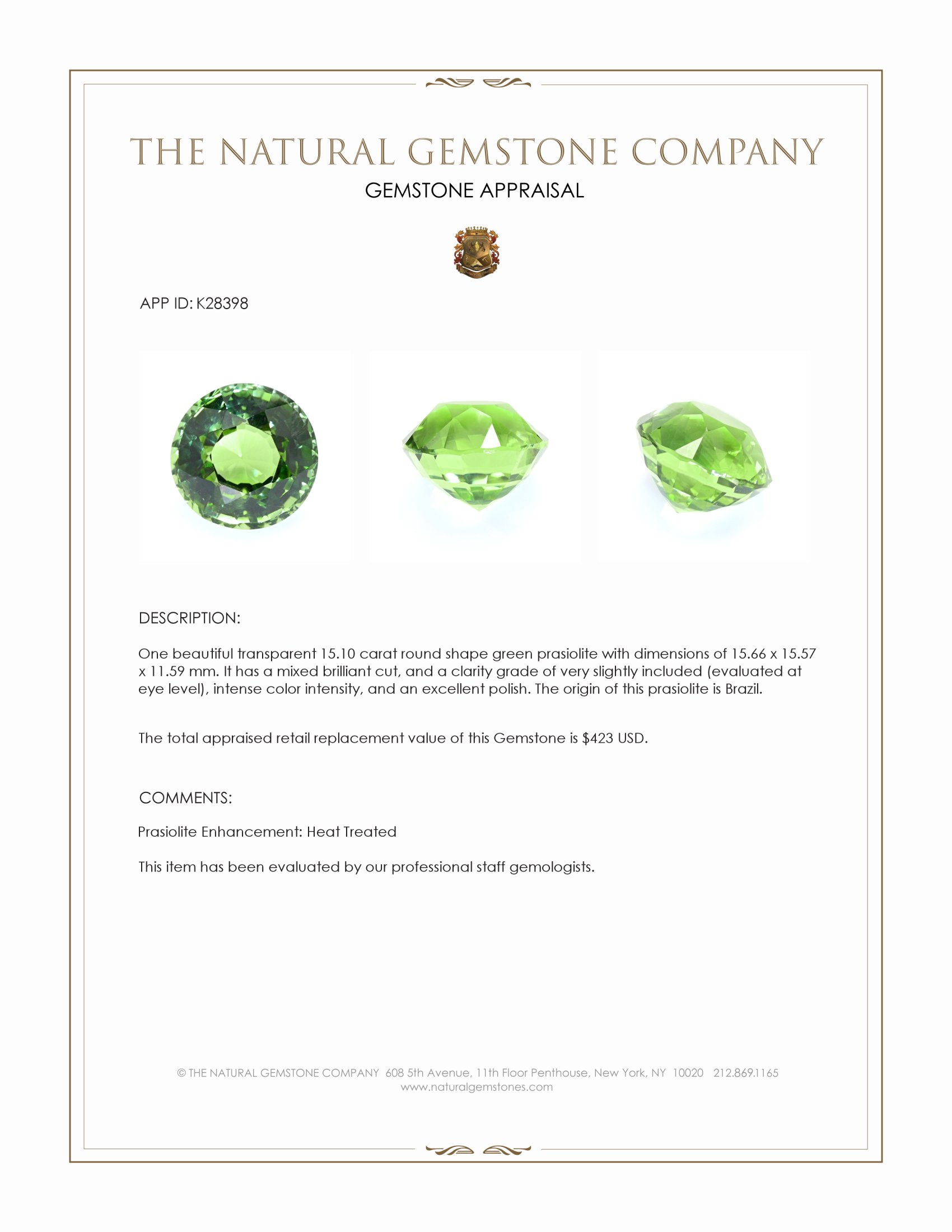 15.10 Ct. Green Prasiolite from Brazil