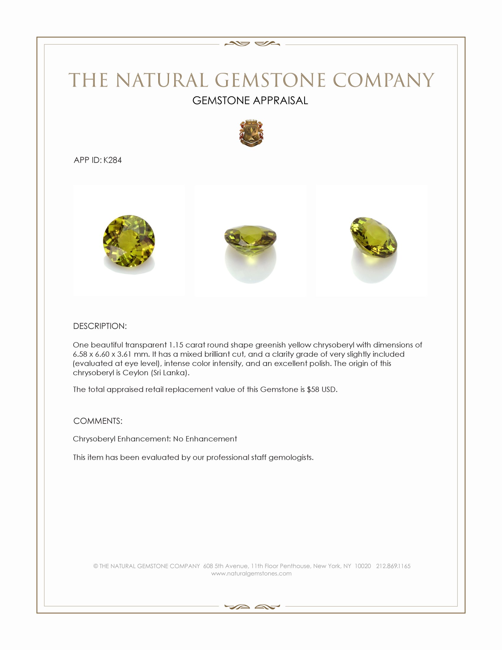 1.15 Ct. Greenish Yellow Chrysoberyl from Ceylon (Sri Lanka)